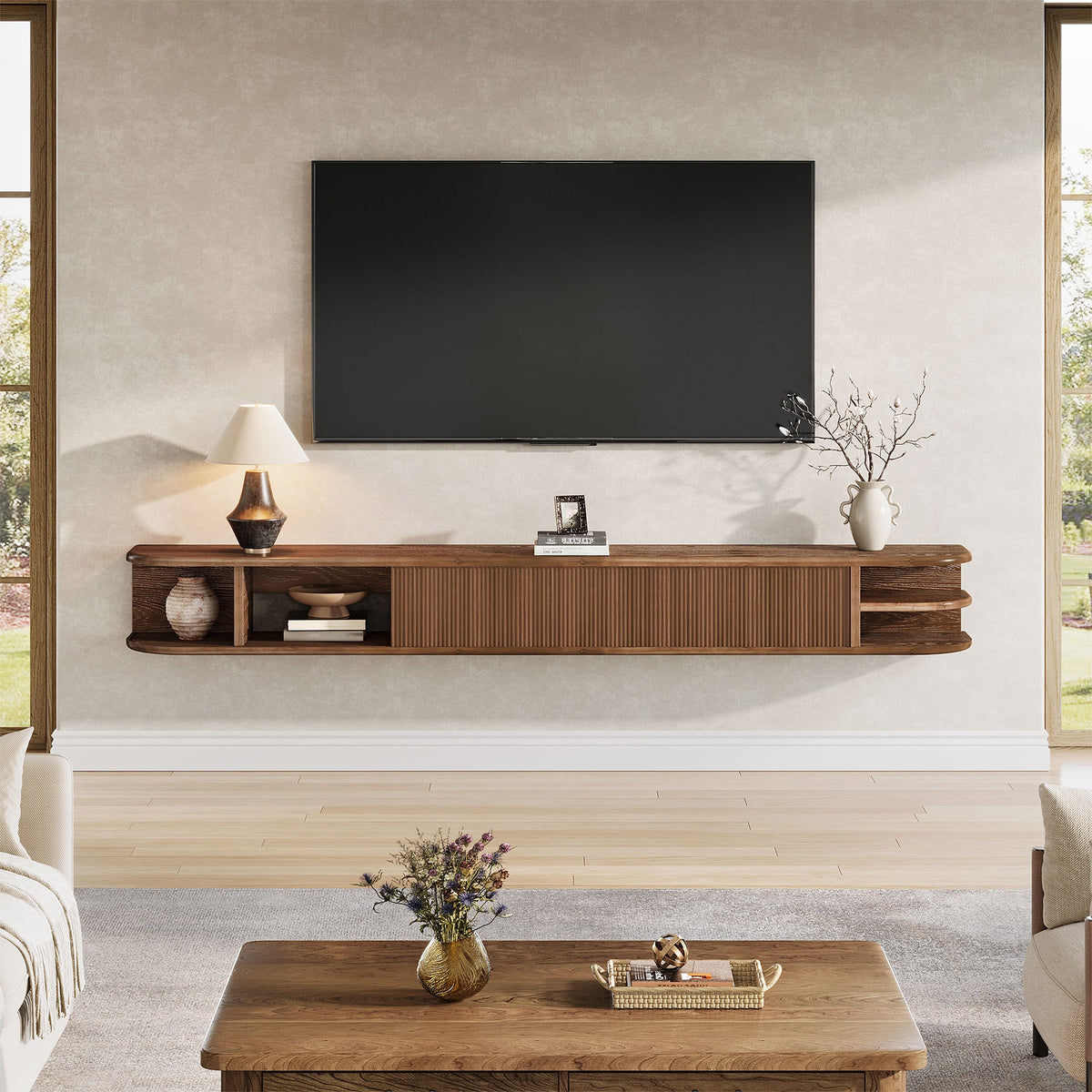 71" Floating TV Stand with Fluted Doors, Solid Wood Media Console with Cable Management for 50-90" TVs