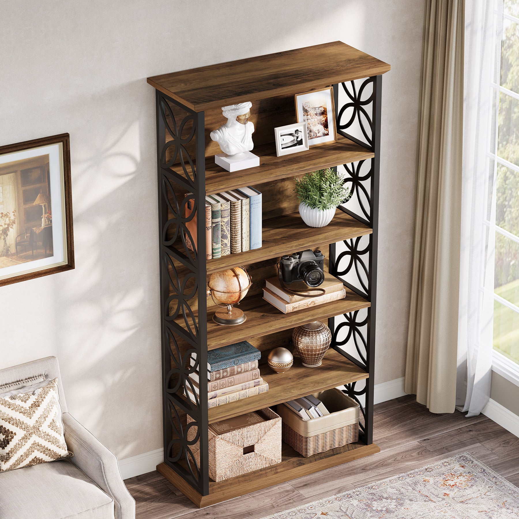 6-Tier Bookshelf, 71" Industrial Bookcase with Open Storage Shelves