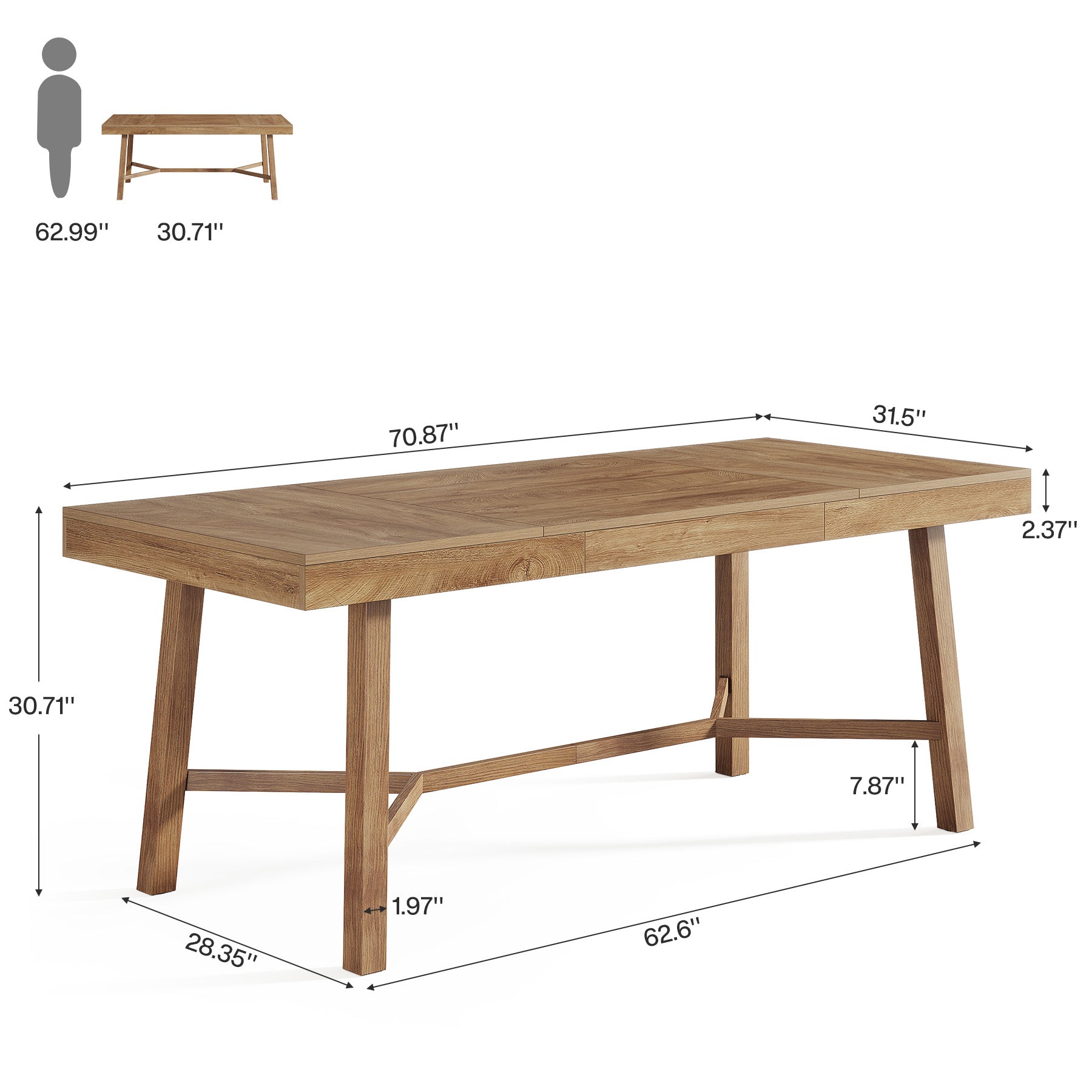 Rectangle Dining Table, 70.9" Kitchen Table with Reinforced Legs for 6-8