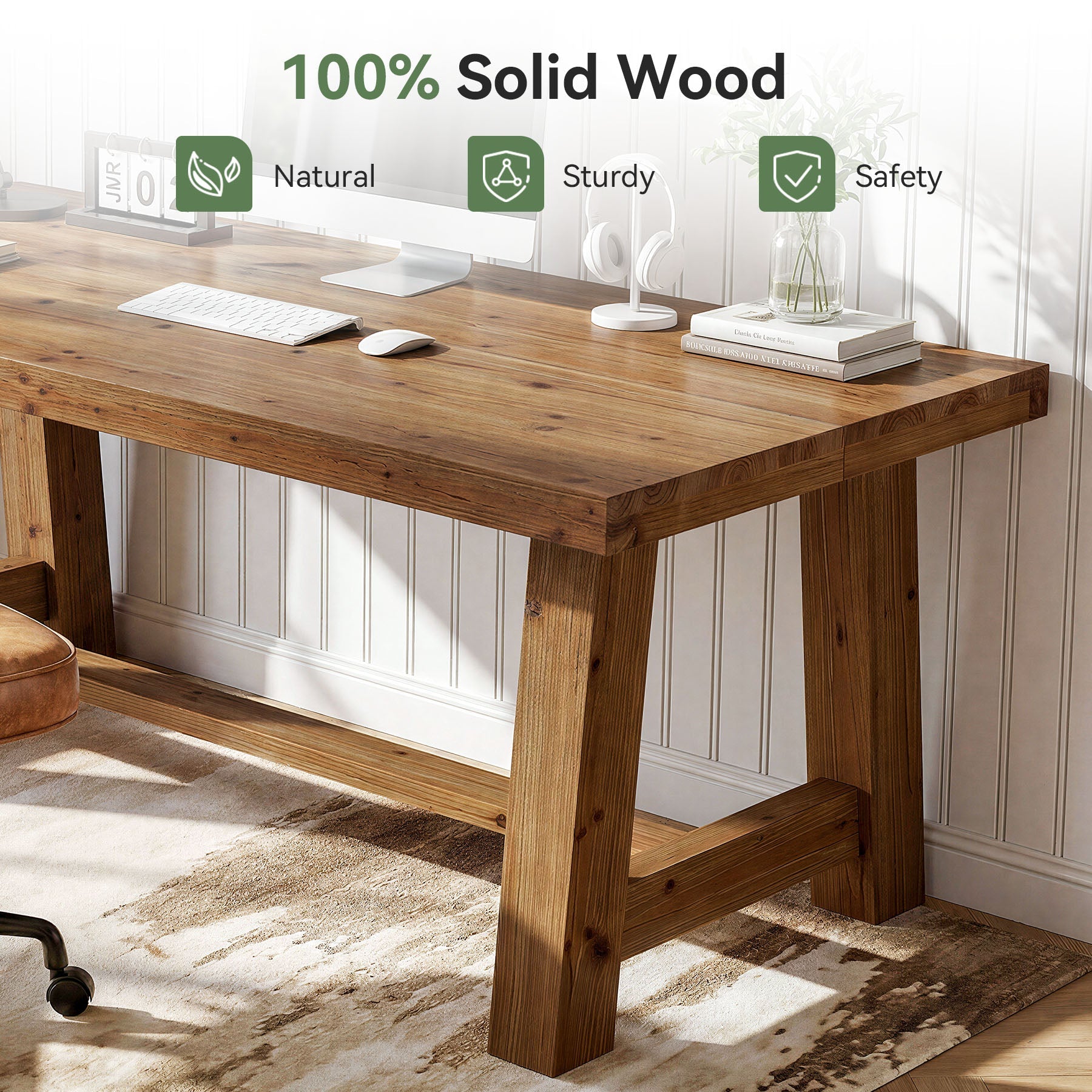 63" Farmhouse Computer Desk, Solid Wood Home Office Desk with Thick Tabletop