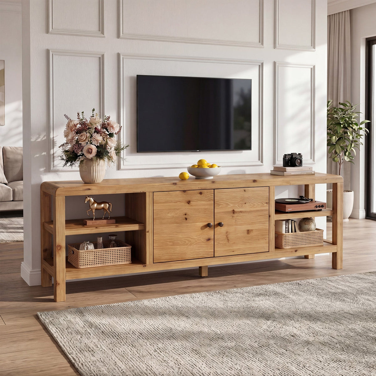 70.9" Solid Wood TV Stand with Door and Storage Shelves for TVs up to 80"