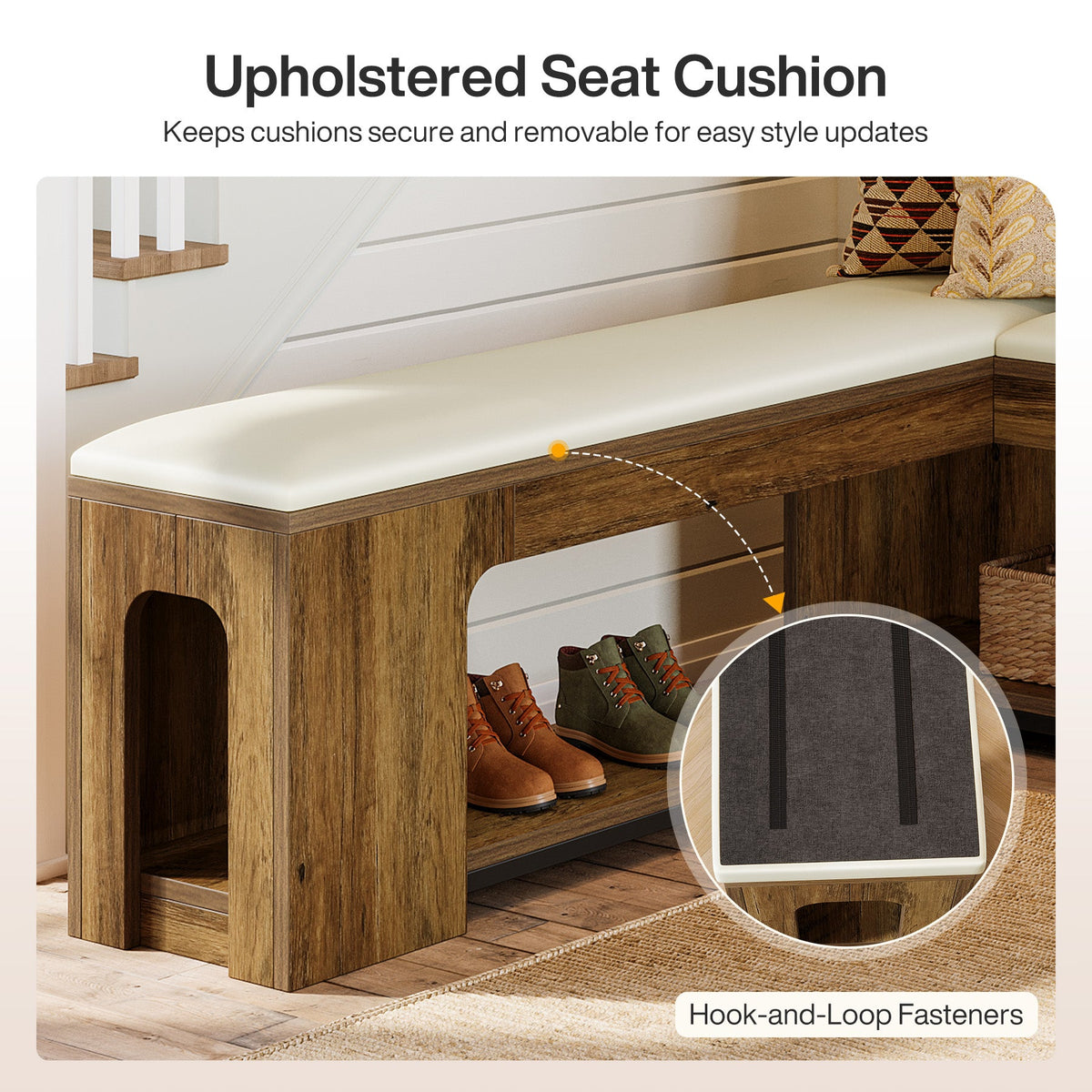 L-Shaped Corner Bench, Farmhouse Dining Bench with Removable Seat Cushion