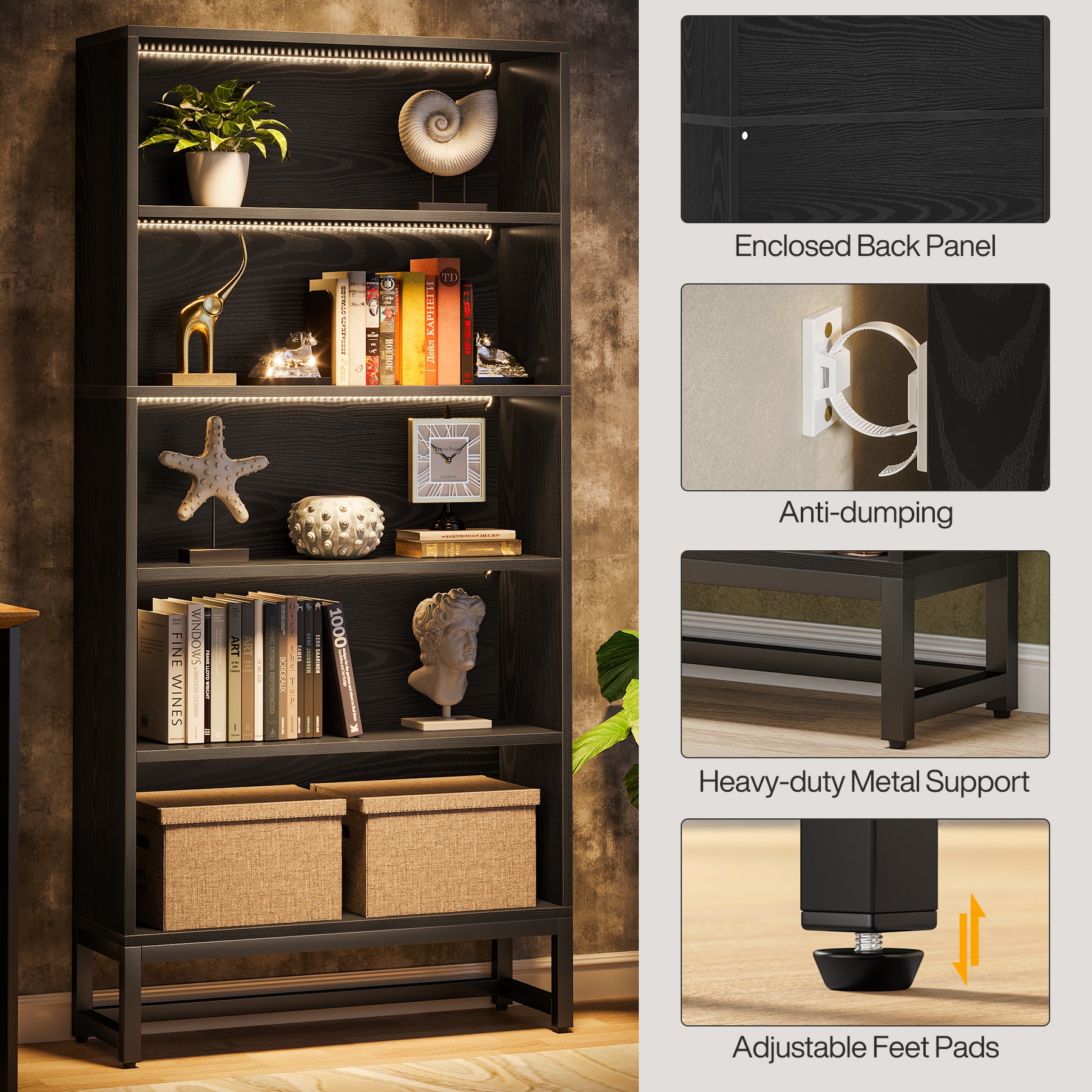 70.8" Bookcase, Large Bookshelf Organizer with 5-Tier Storage Shelves
