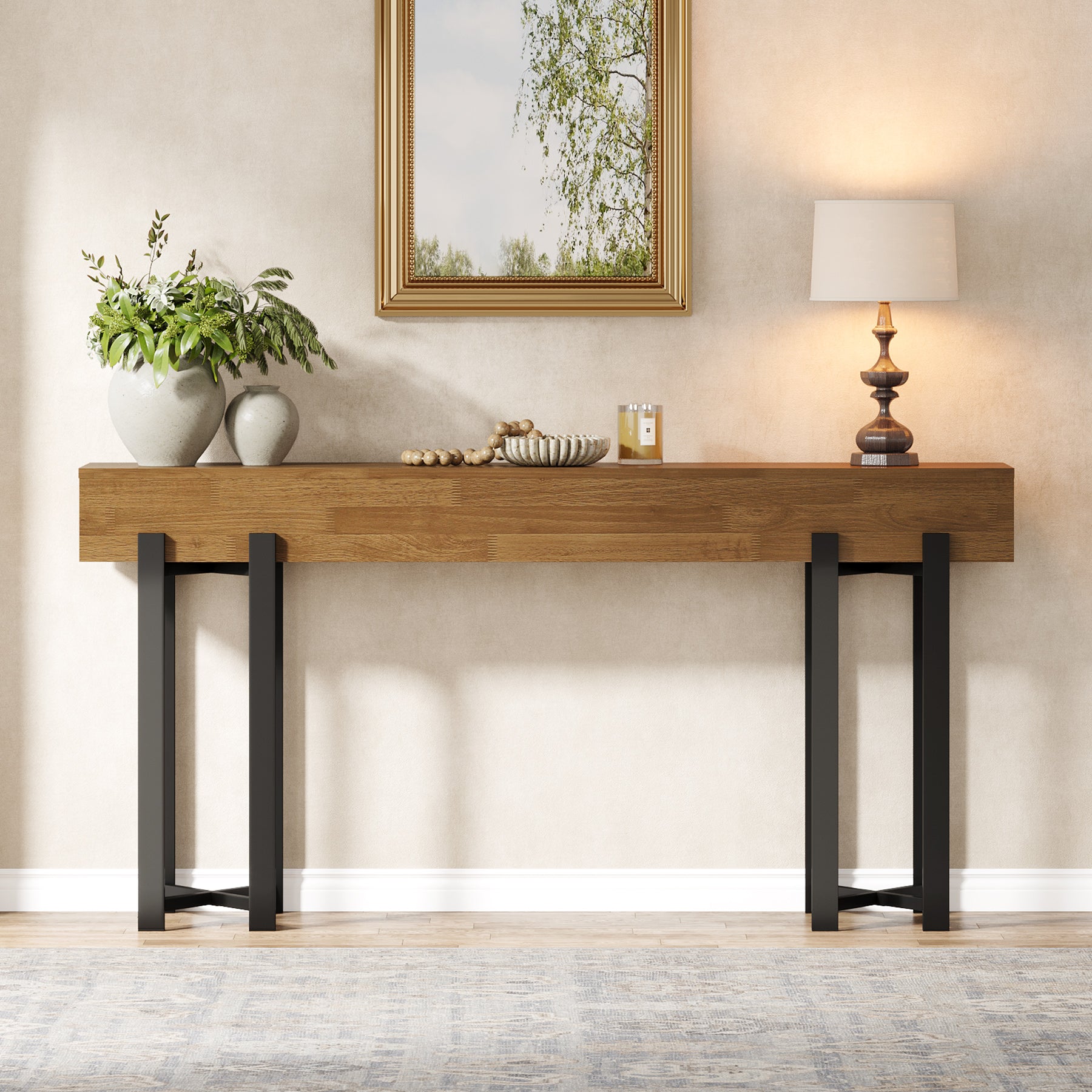 63" Console Table, Farmhouse Sofa Table with Metal Frame for Entryway