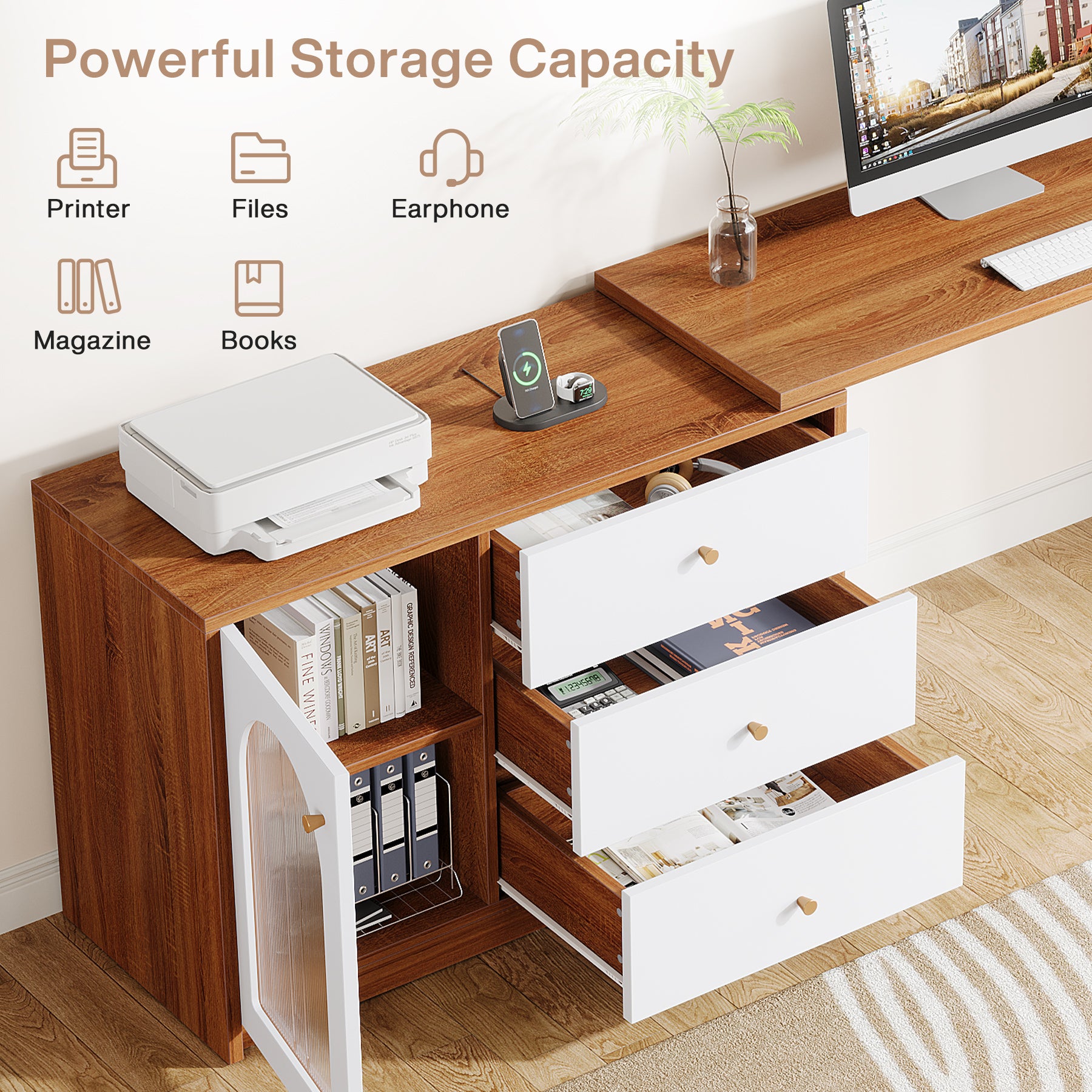 L-Shaped Computer Desk, Corner Office Desk with Reversible Storage Cabinet