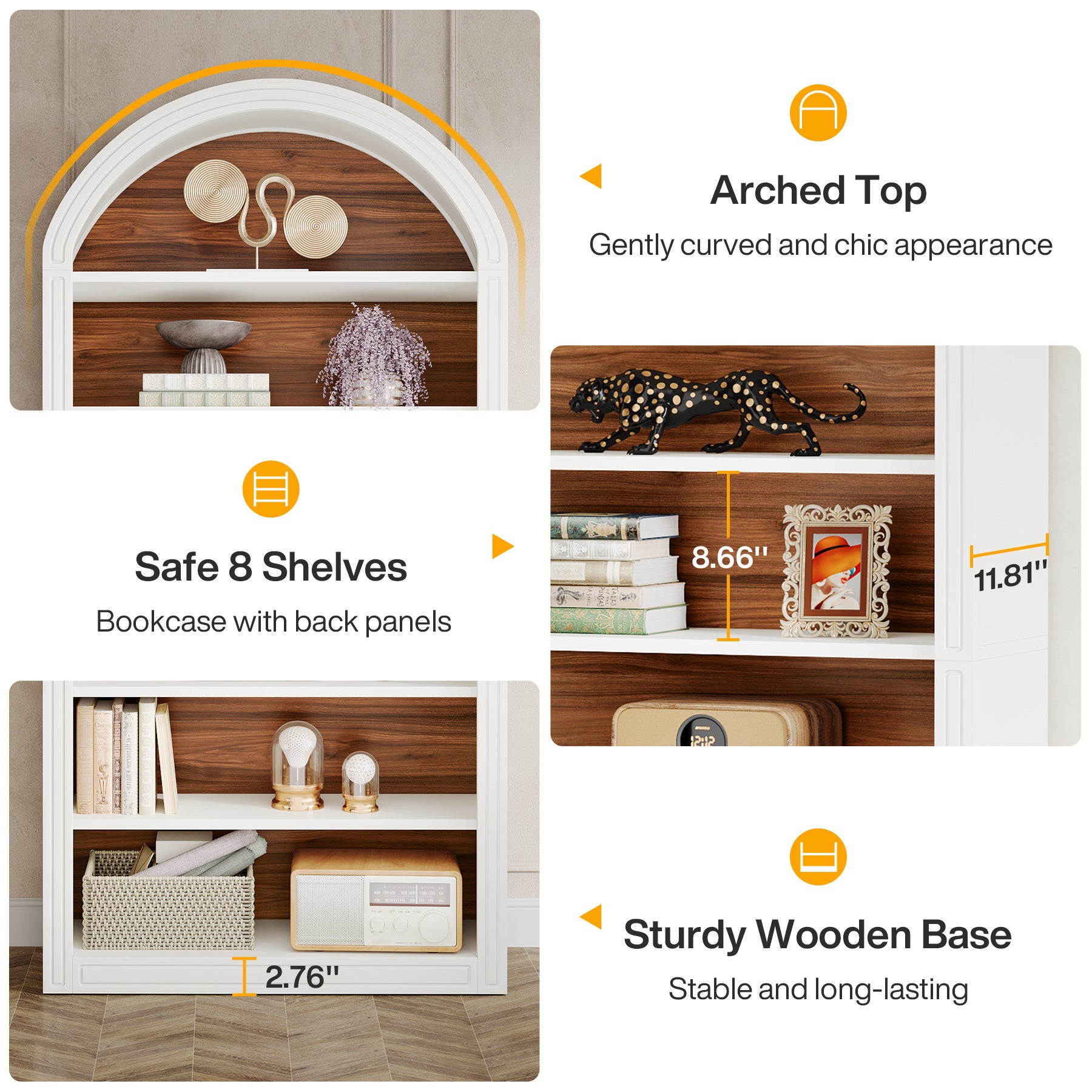 6-Tier / 8-Tier Bookshelf, Wooden Arched Bookcase Display Shelving Unit