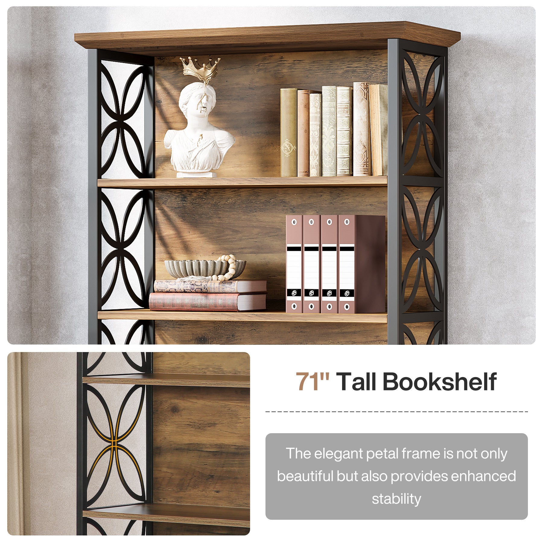 6-Tier Bookshelf, 71" Industrial Bookcase with Open Storage Shelves