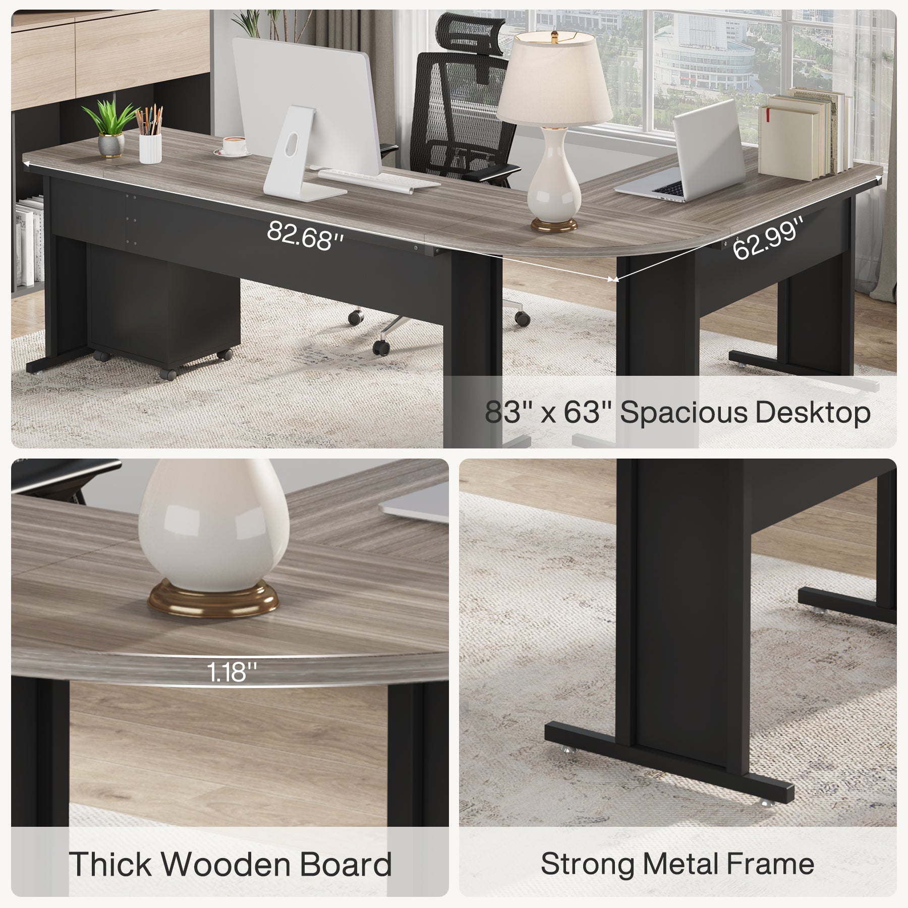 83" L-Shaped Desk, Industrial Corner Executive Desk with Mobile File Cabinet