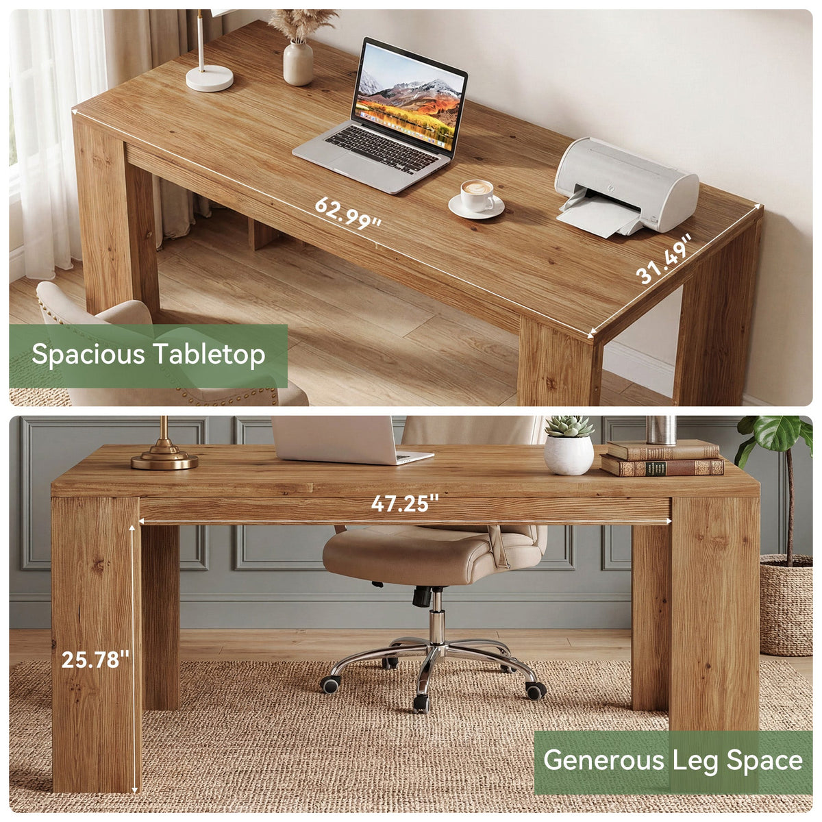 63" Solid Wood Executive Desk, Farmhouse Computer Desk with Large Tabletop for Home Office