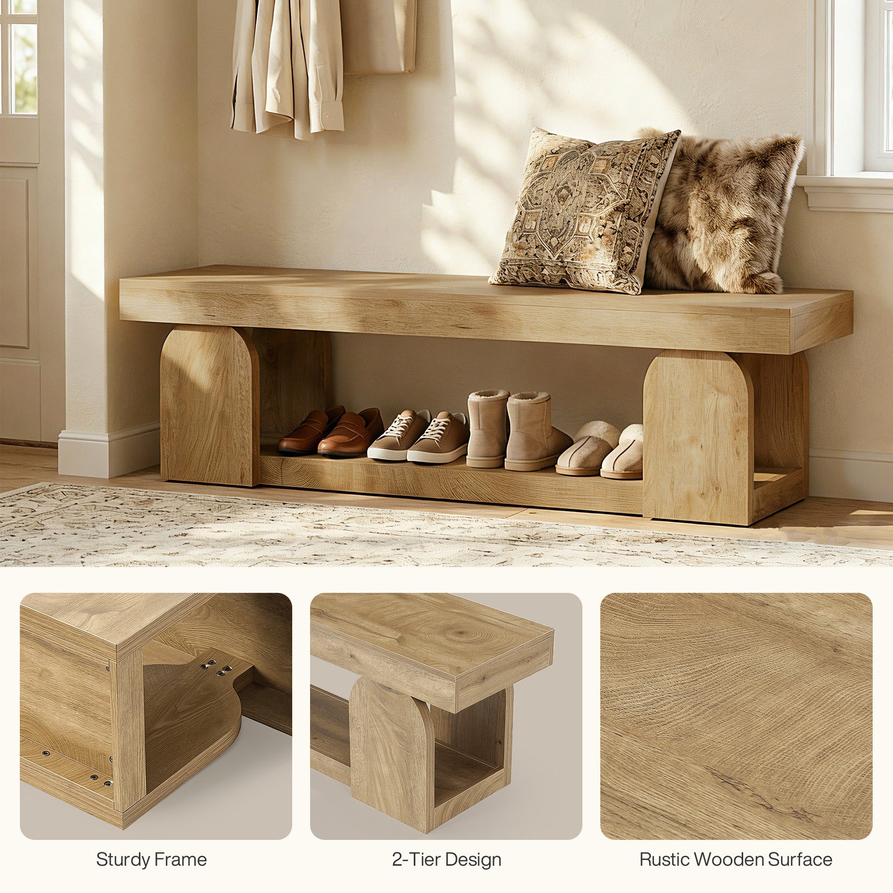 63" Entryway Bench, Farmhouse Shoe Bench with Storage Shelf for Bedroom, Hallway