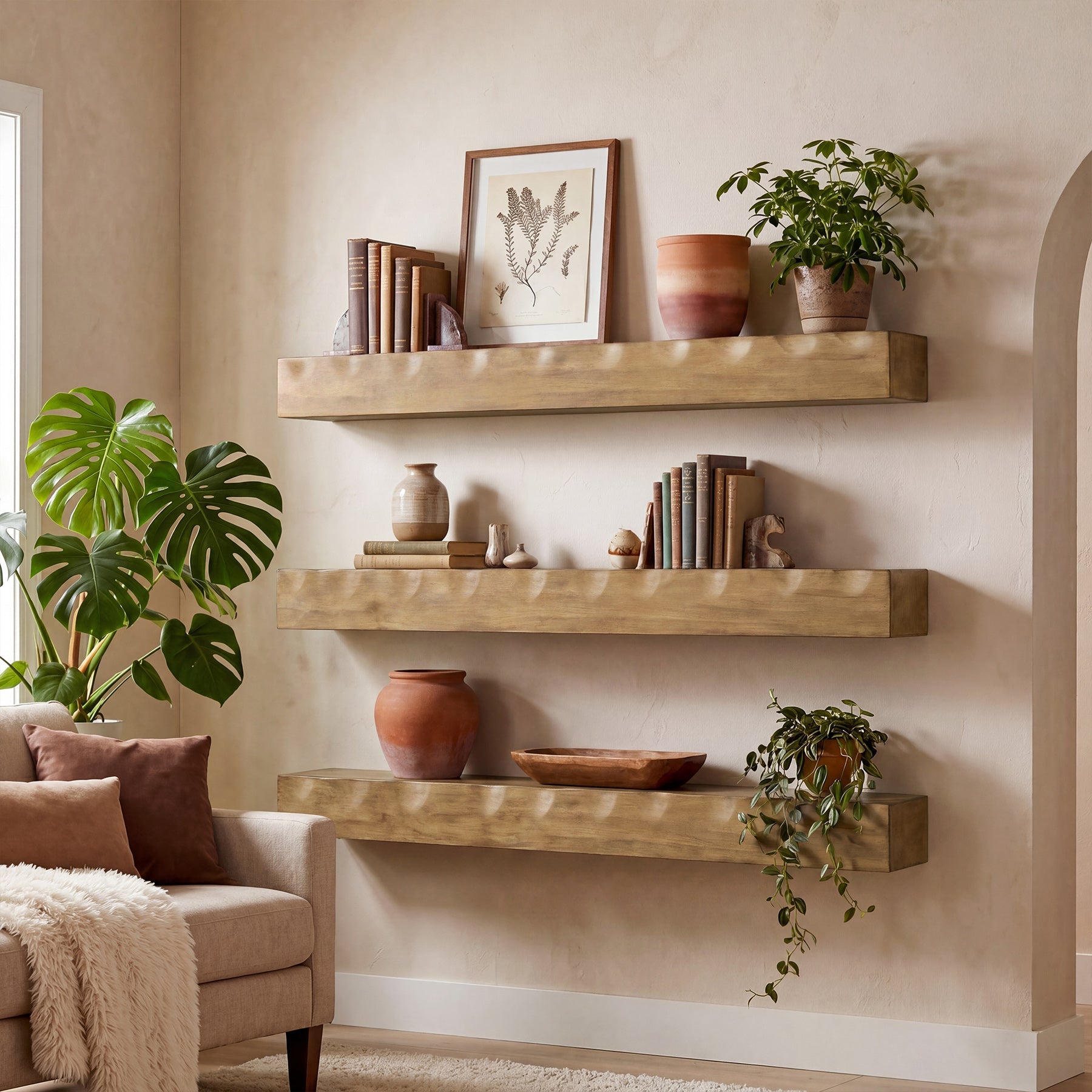 Solid Wood Floating TV Stand, 63" Wall Media Shelf for TVs Up to 75"
