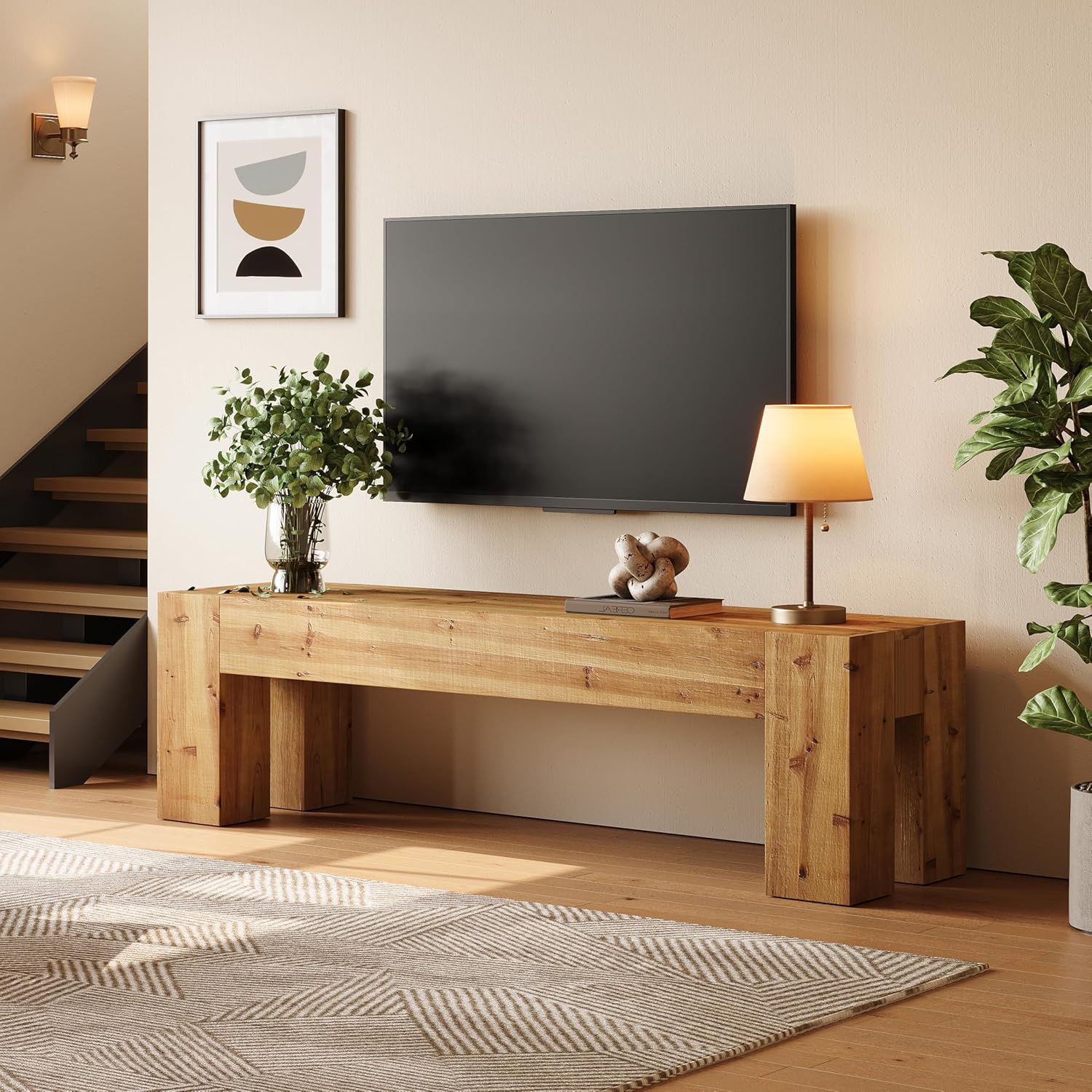 63" Entryway Bench, Solid Wood Bench Heavy Duty TV Stand Media Consoles