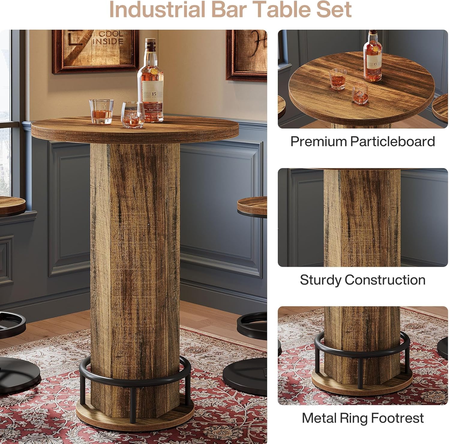 Round Bar Table with Chairs, Pub Bistro Table Sets with 2 Barstools