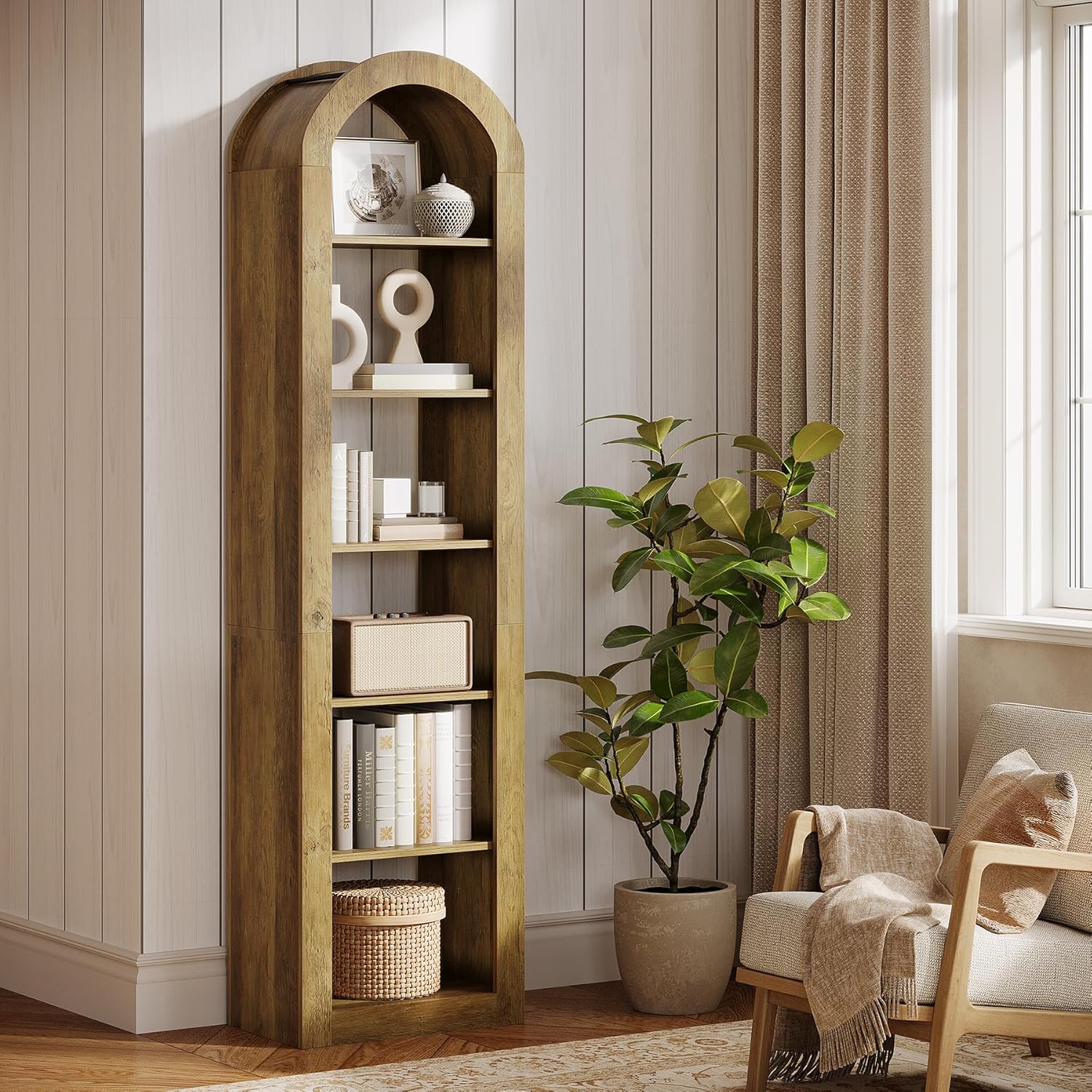 74.8" Arched Bookshelf, 6-Tier Narrow Open Bookcase Display Shelf