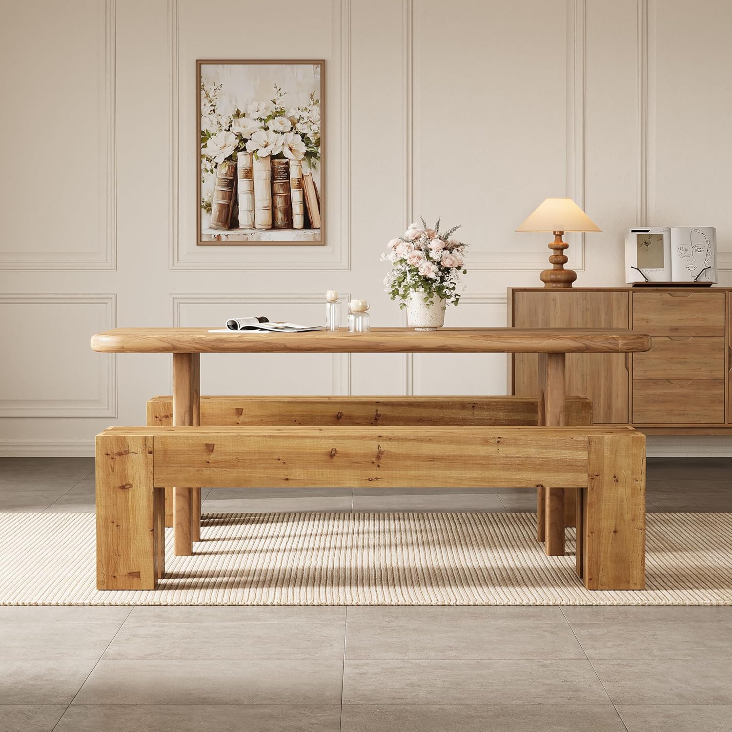 63" Solid Wood Dining Bench, Long Kitchen Table Bench with Sturdy Frame