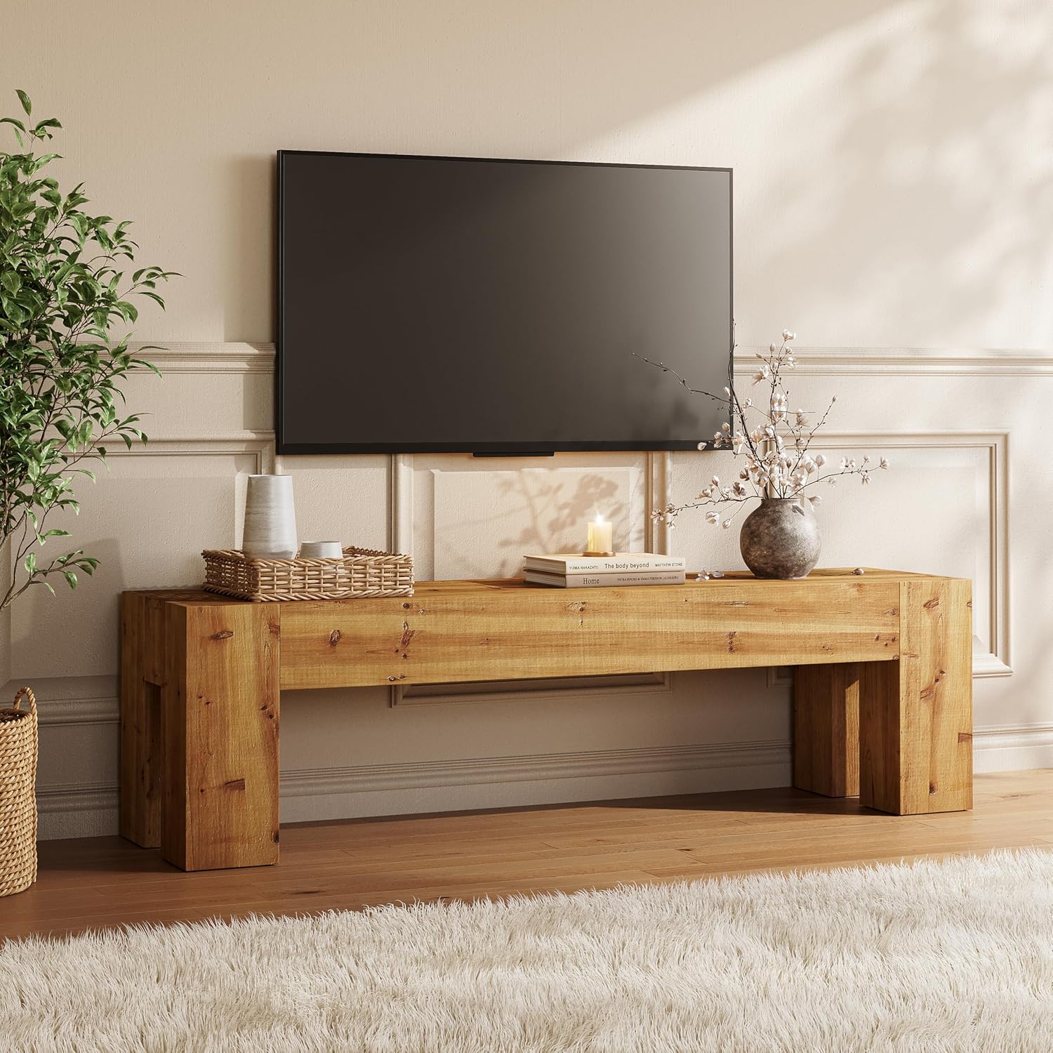 63" Entryway Bench, Solid Wood Bench Heavy Duty TV Stand Media Consoles