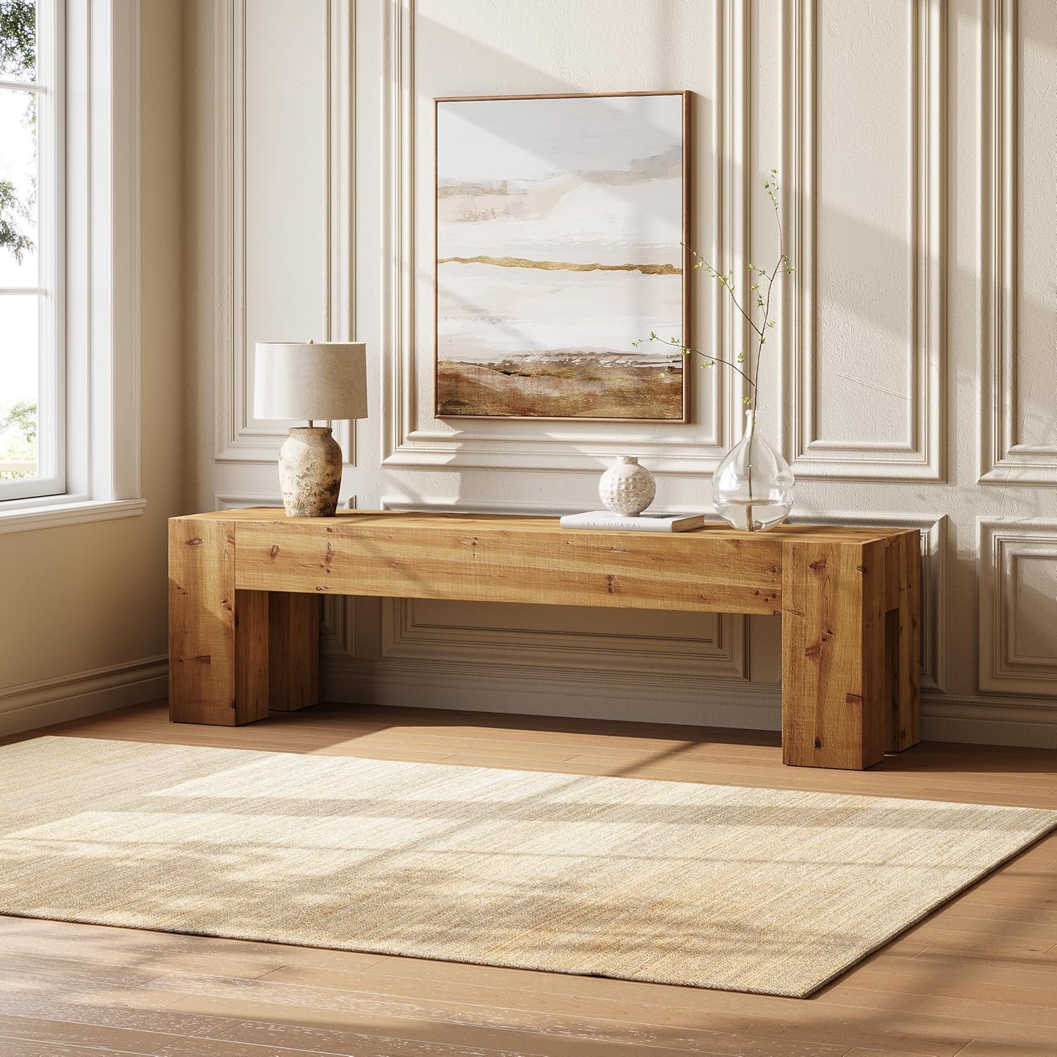 63" Entryway Bench, Solid Wood Bench Heavy Duty TV Stand Media Consoles