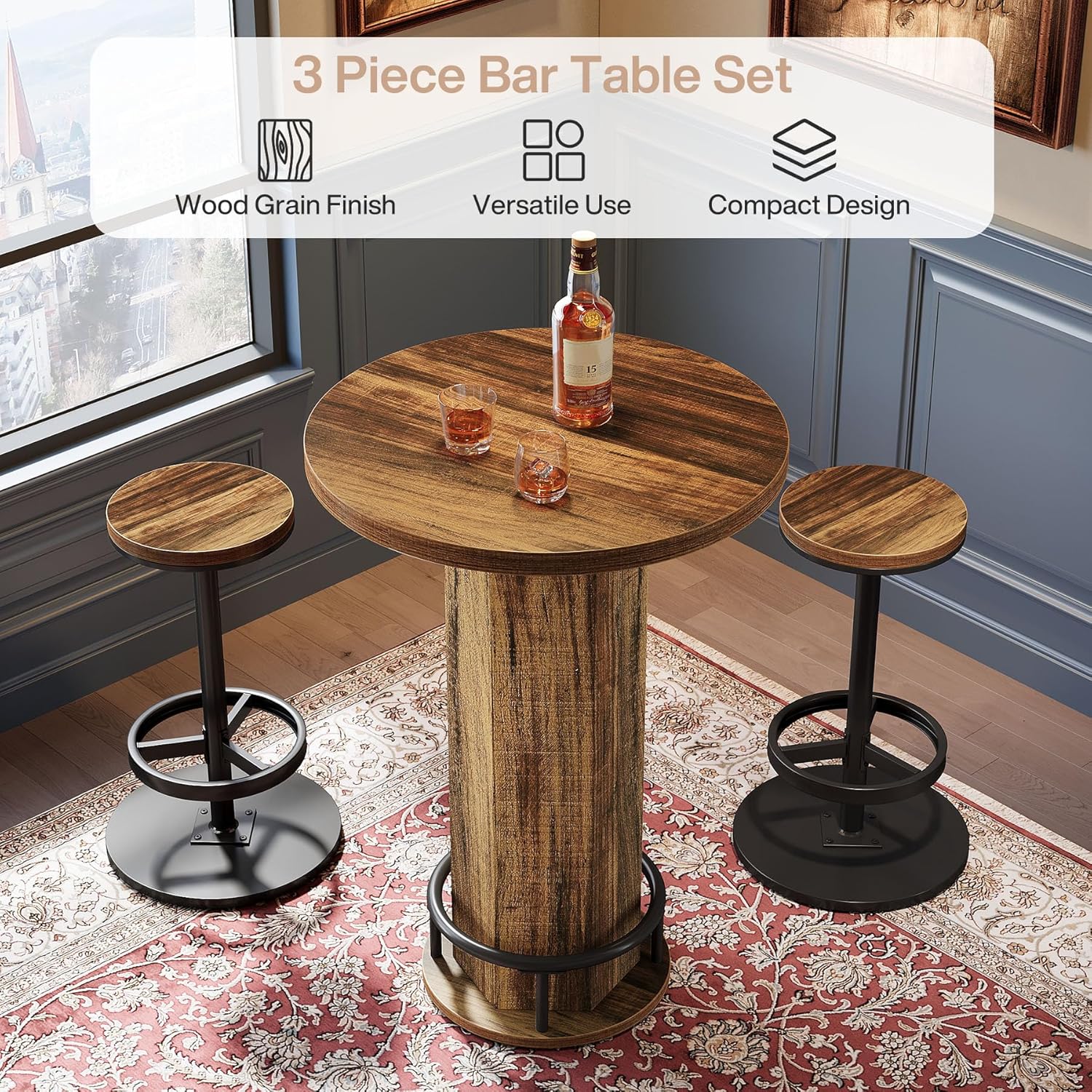 Round Bar Table with Chairs, Pub Bistro Table Sets with 2 Barstools