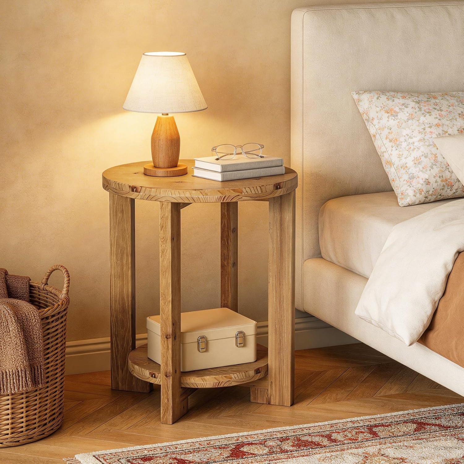 Solid Wood  Round End Table, 2-Tier Accent Side Table for Small Spaces