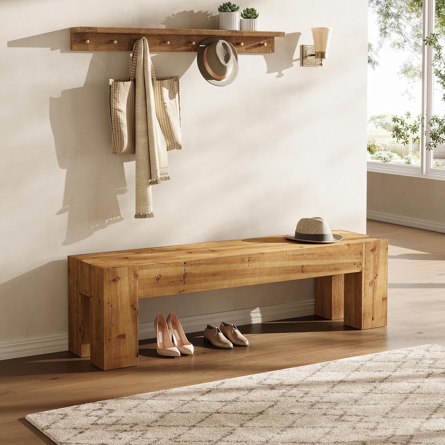 63" Entryway Bench, Solid Wood Bench Heavy Duty TV Stand Media Consoles