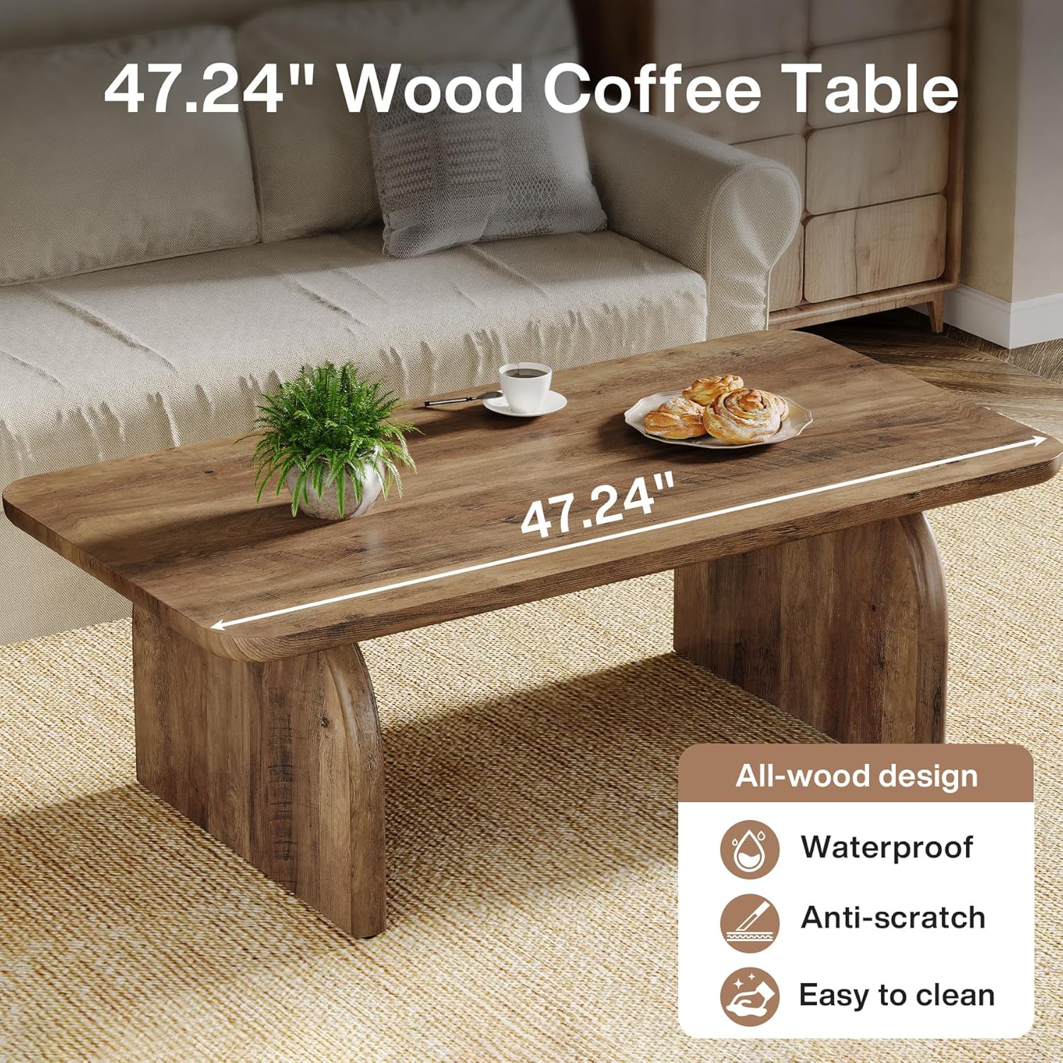 47" Coffee Table, Farmhouse Center Table Low Cocktail Tea Table