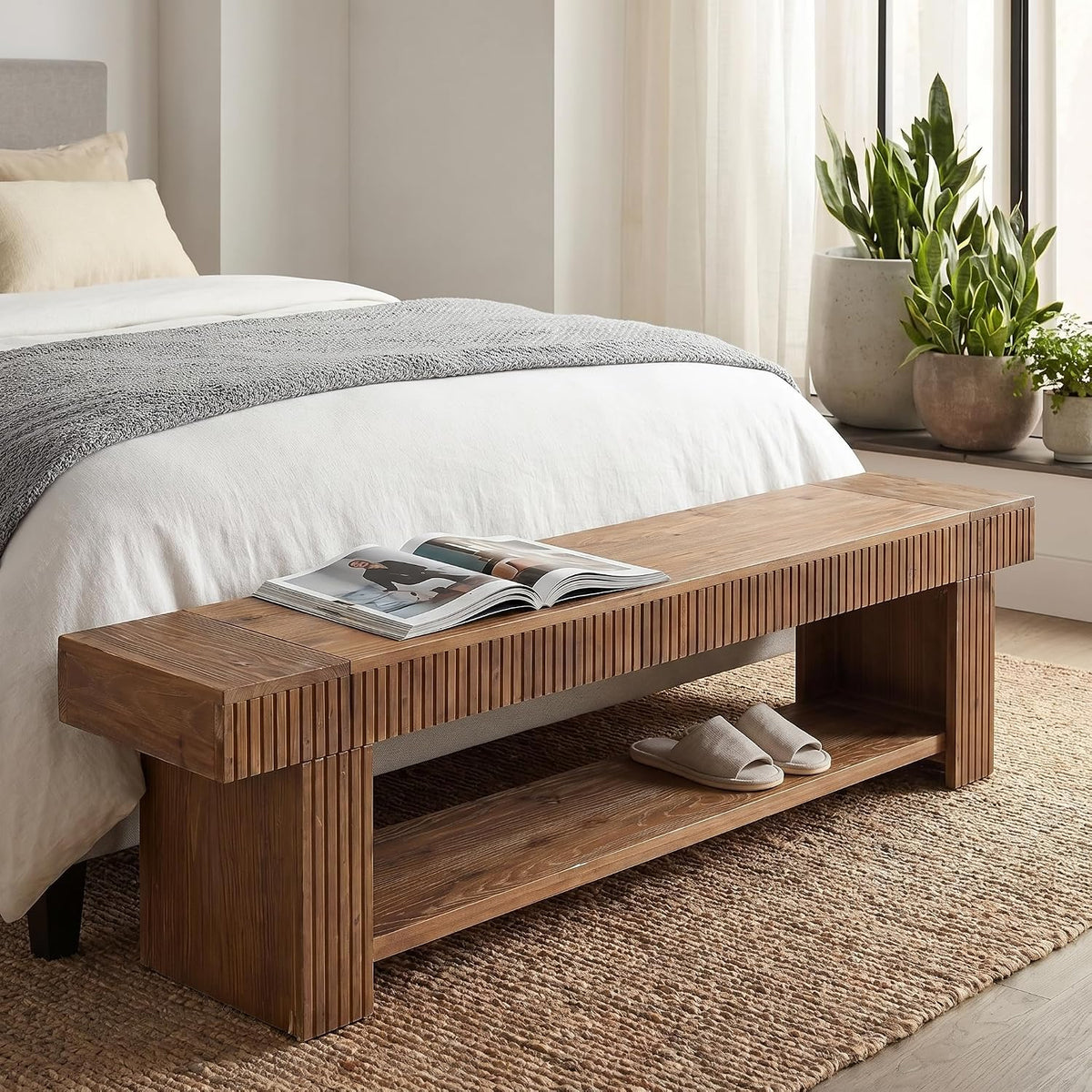 71" Solid Wood Entryway Bench, Fluted Shoe Bench with Storage Shelf for Hallway