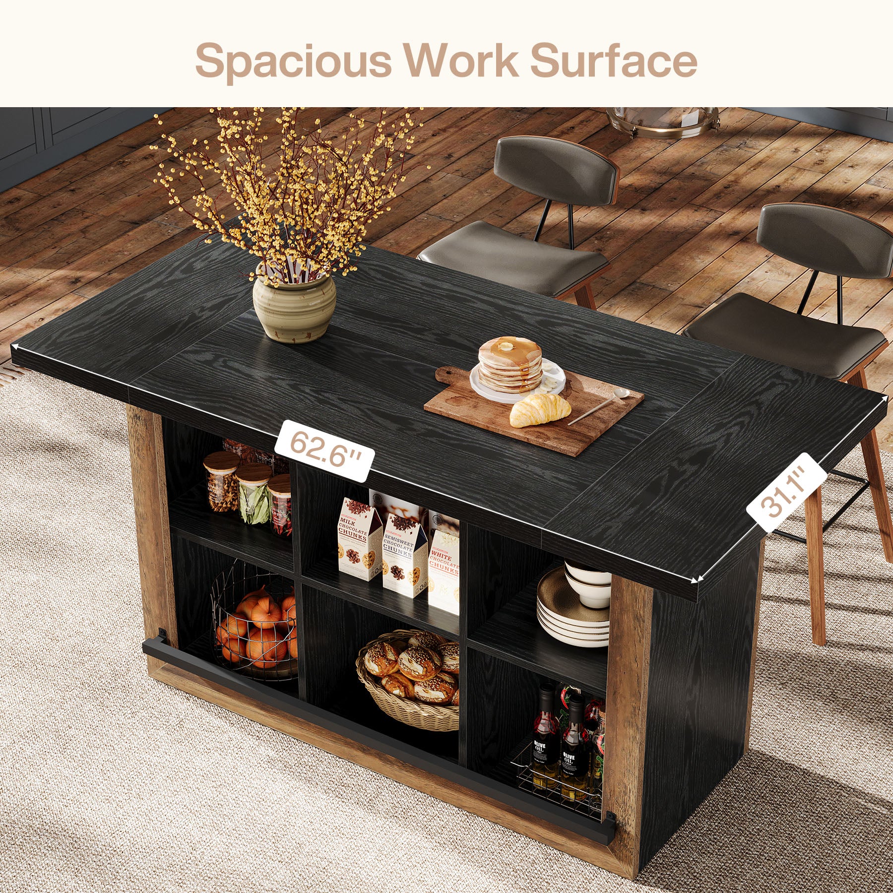 62.6" Kitchen Island, Counter Height Stationary Table with 6 Open Cubbies