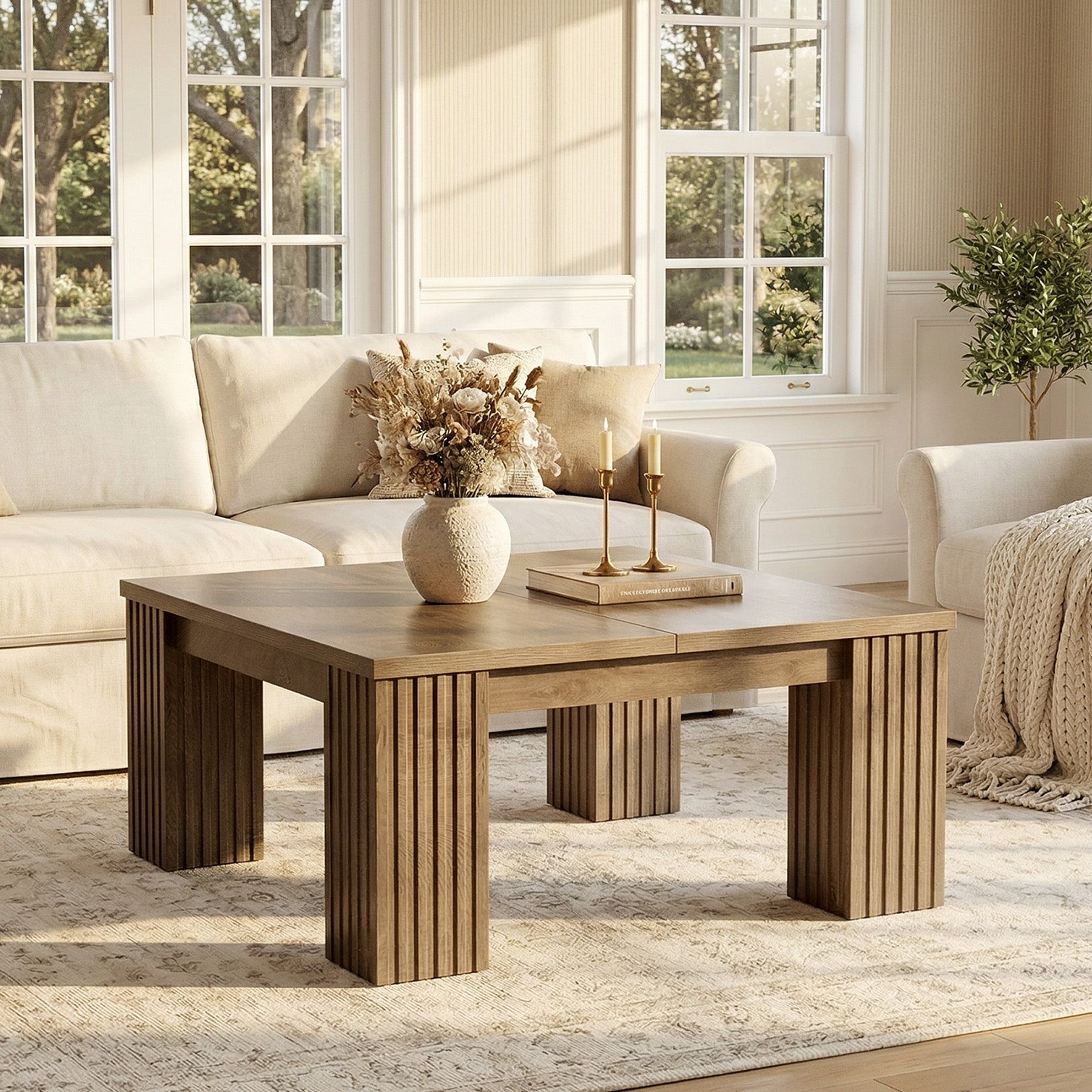 39.4" Square Coffee Table, Farmhouse Center Table with Fluted Legs for Living Room