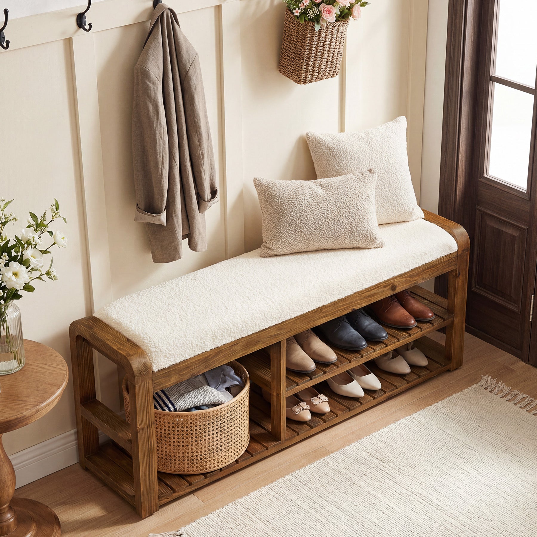 55" Solid Wood Shoe Storage Bench, Upholstered Entryway Bench with Removable Cushion