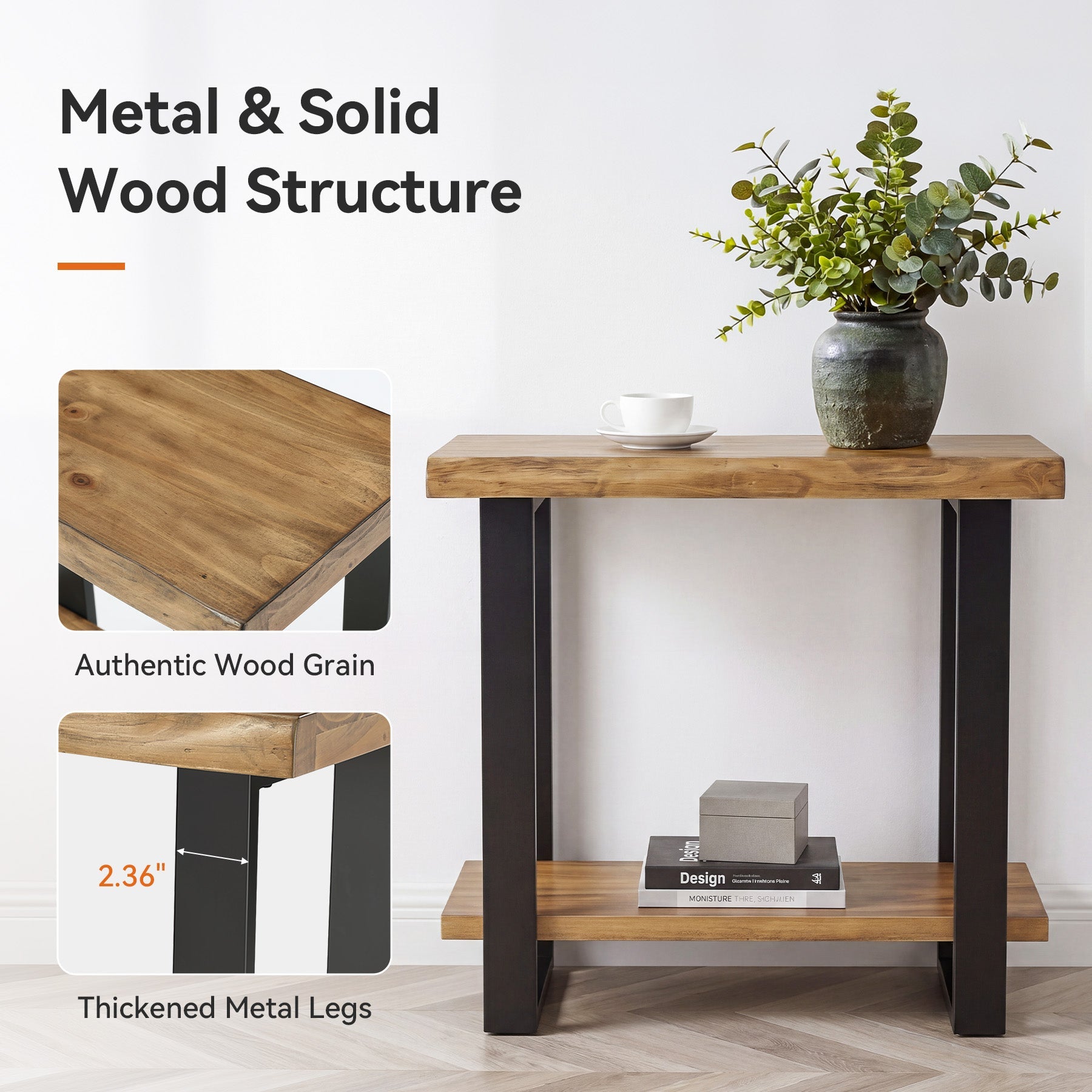 Solid Wood End Table, 2-Tier Side Table Nightstand with Iron Frame