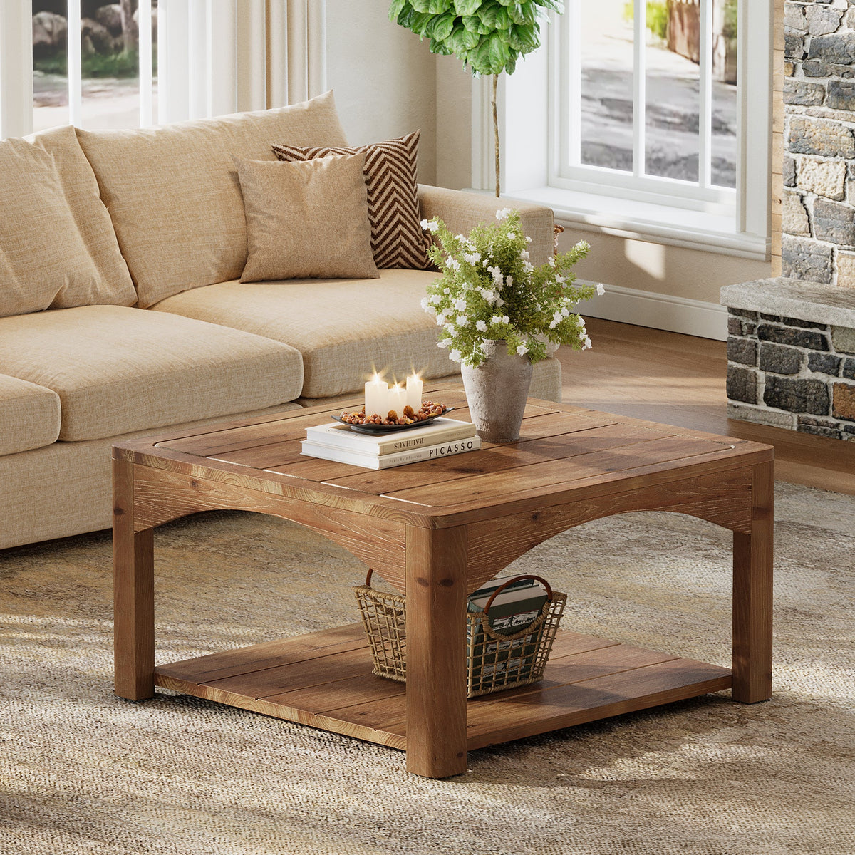 31.5" Square Coffee Table, Solid Wood 2-Tier Center Table for Living Room