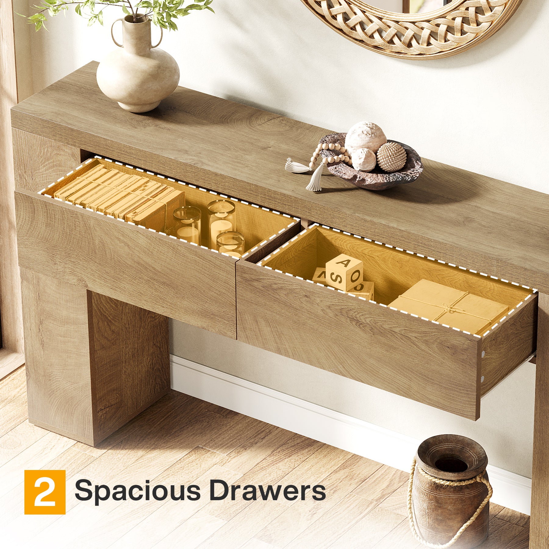 63" Console Table, Rustic Sofa Hallway Table with Drawers