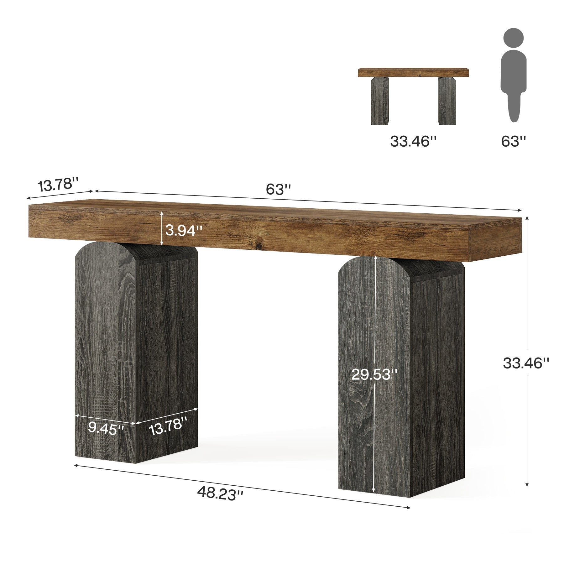 63" Console Table, Farmhouse Entryway Table with 2 Arched Pedestal Legs
