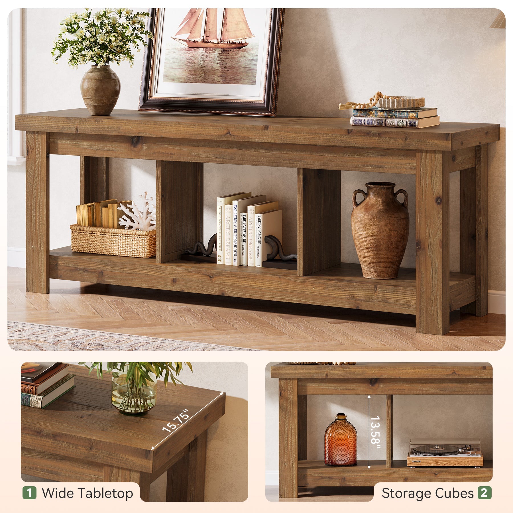 63" Solid Wood TV Stand With 3 Open Shelves for 55/60/65/75-Inch TVs