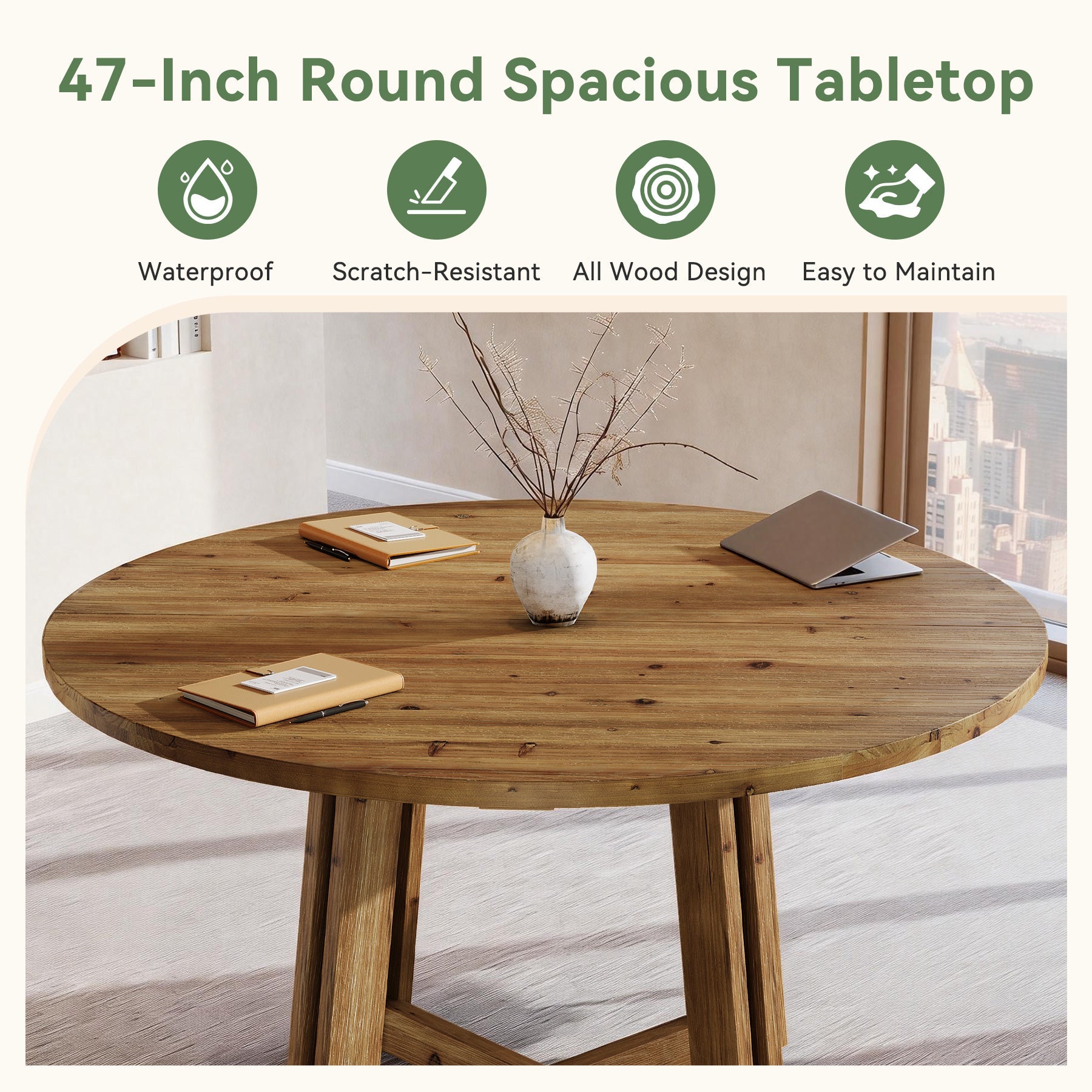 47"  Solid Wood Conference Table, Round Meeting Table with Thickened Tabletop