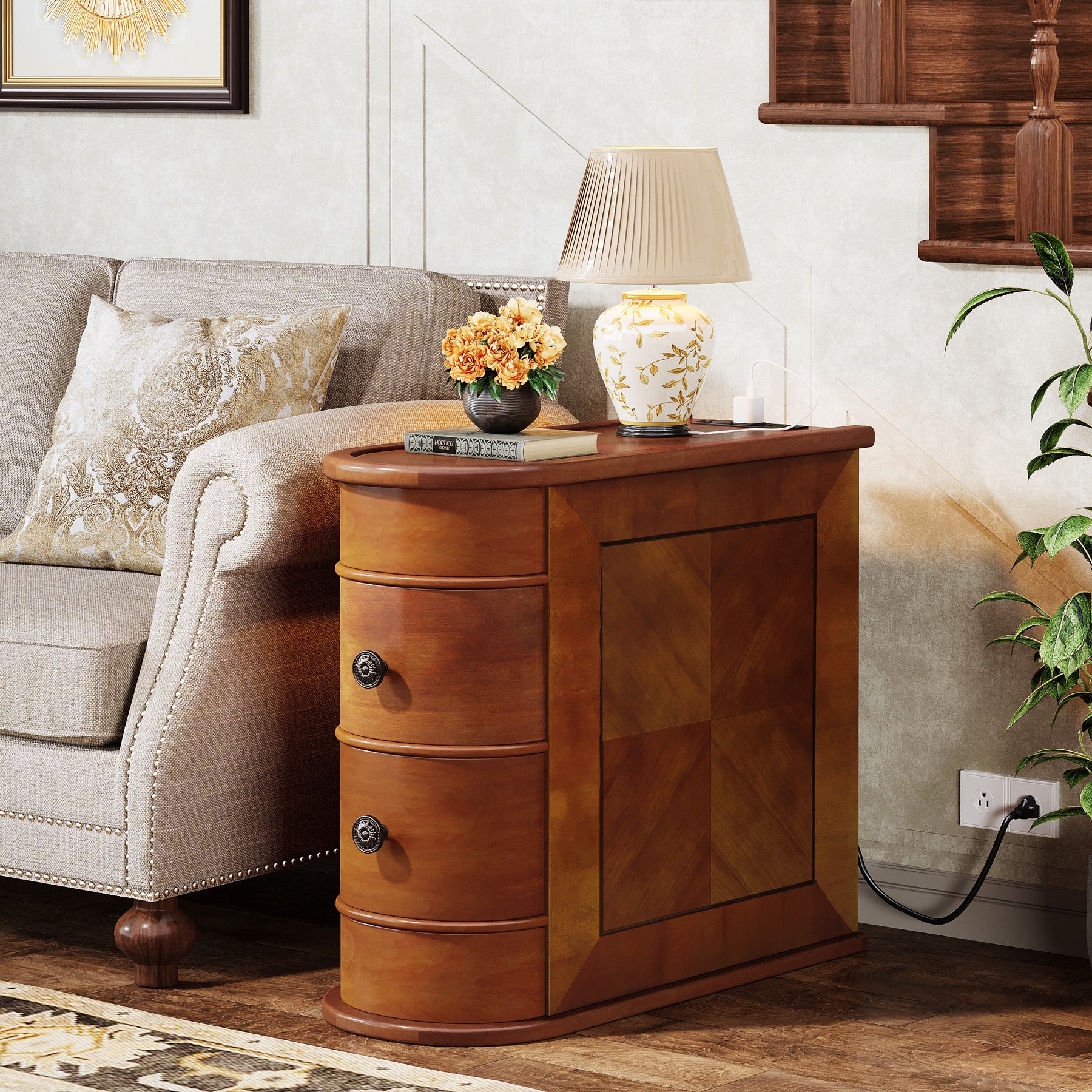 Wood End Table, Narrow Side Table Nightstand with 2 Drawers
