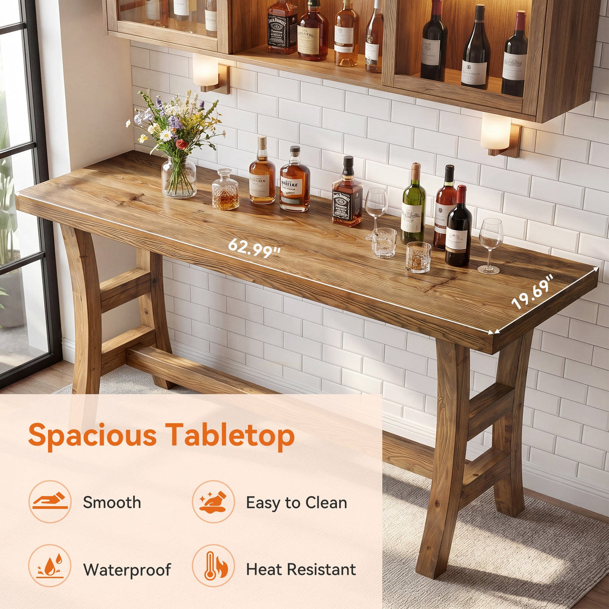 63" Solid Wood Bar Table, Farmhouse Counter Height Pub Table for Kitchen, Bistro