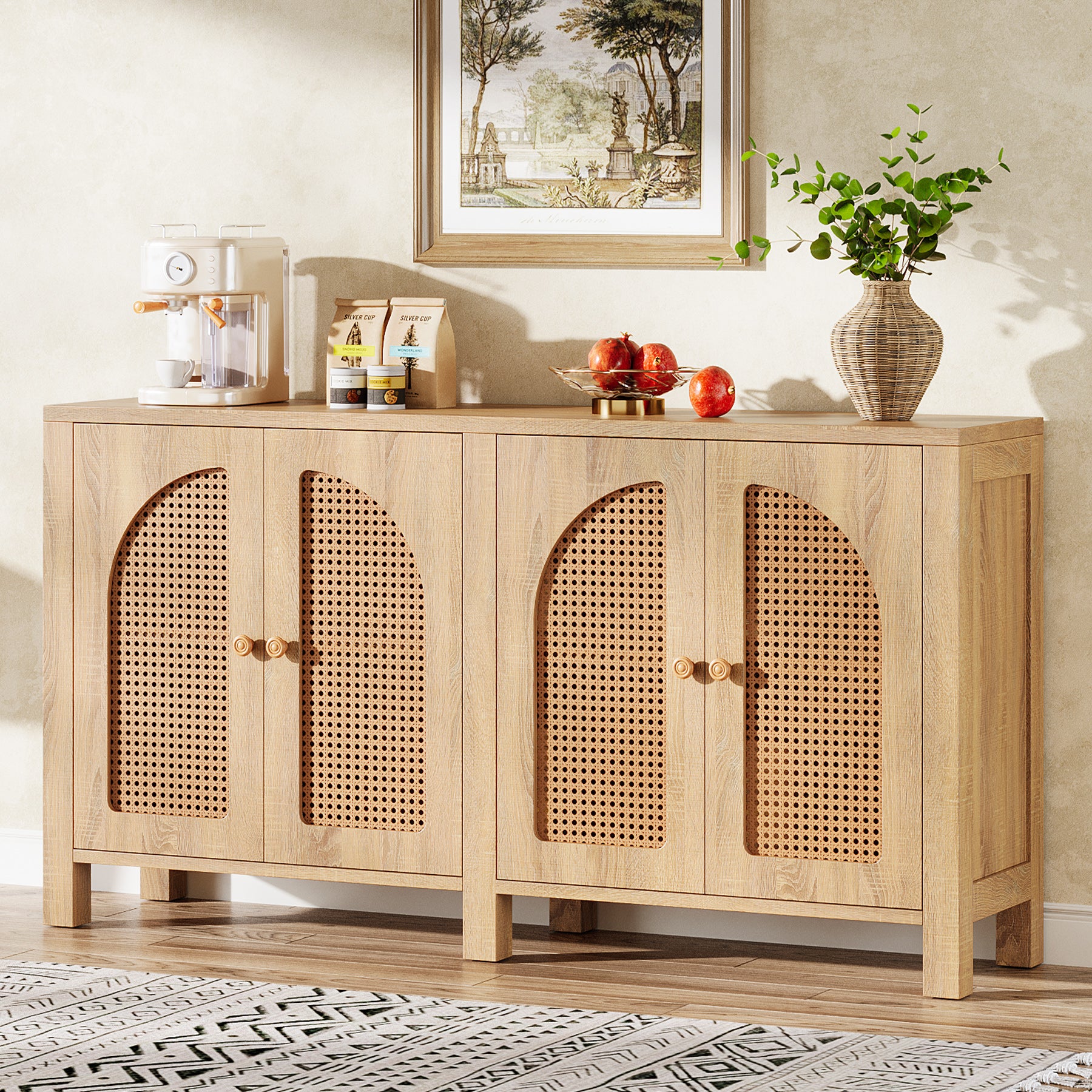 59" Sideboard Buffet, Rattan Credenza Storage Cabinet with 4 Doors