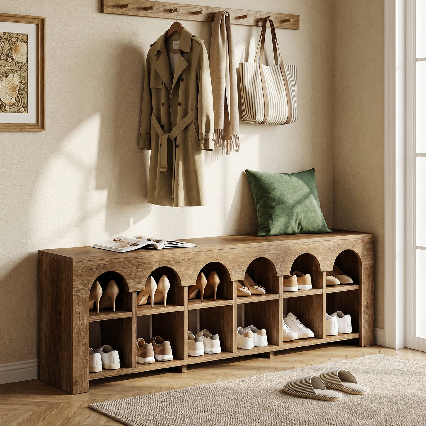 63" Entryway Bench with Shoe Storage, Farmhouse Bench with 12 Cubbies