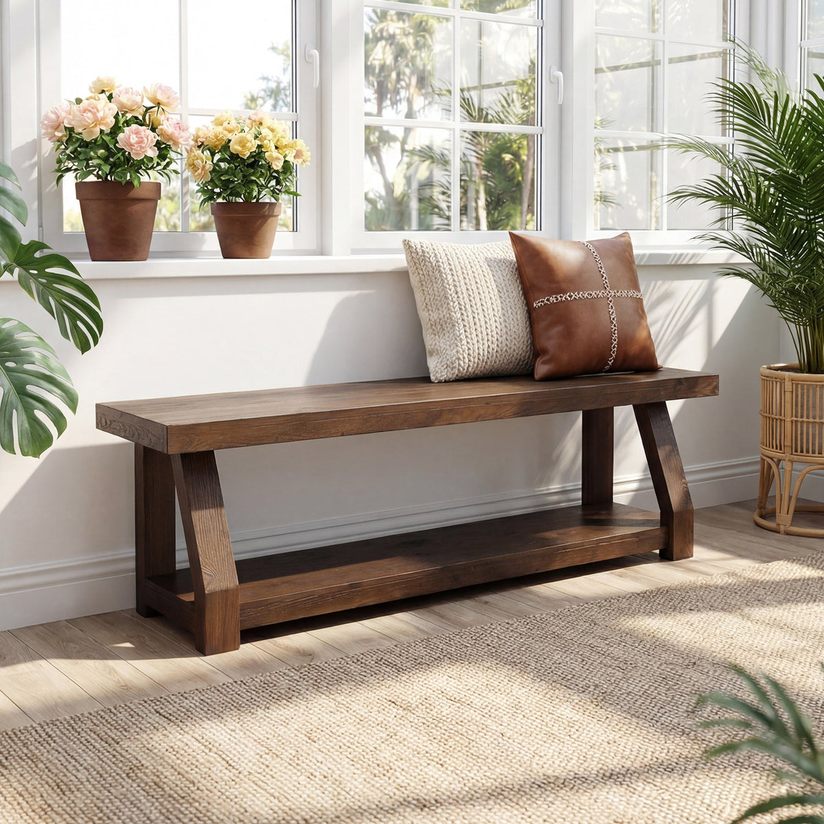63" Solid Wood Entryway Bench with Storage, 2-Tier Shoe Bench for Hallway