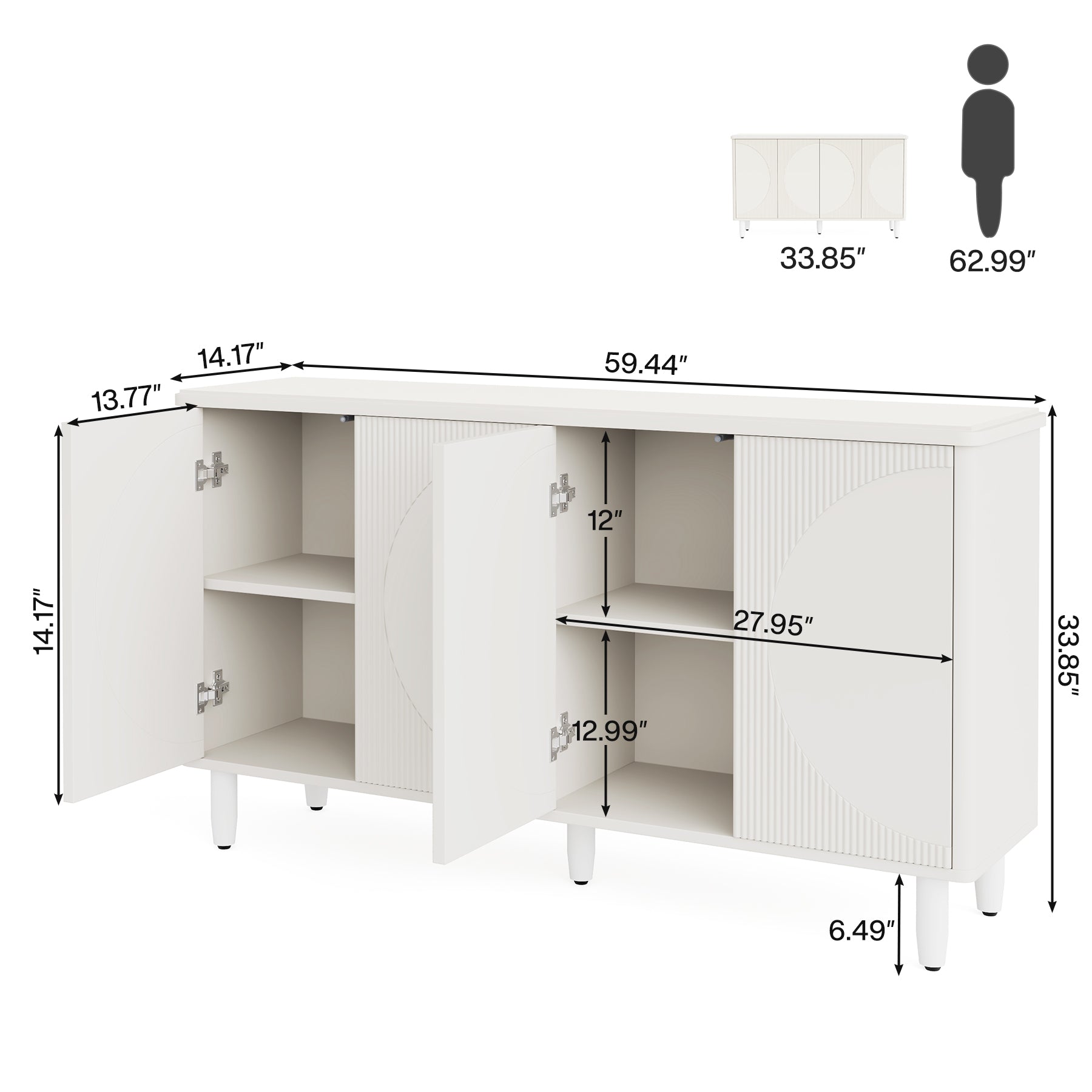 59.4" Sideboard Buffet, White Credenza Storage Cabinet with Doors
