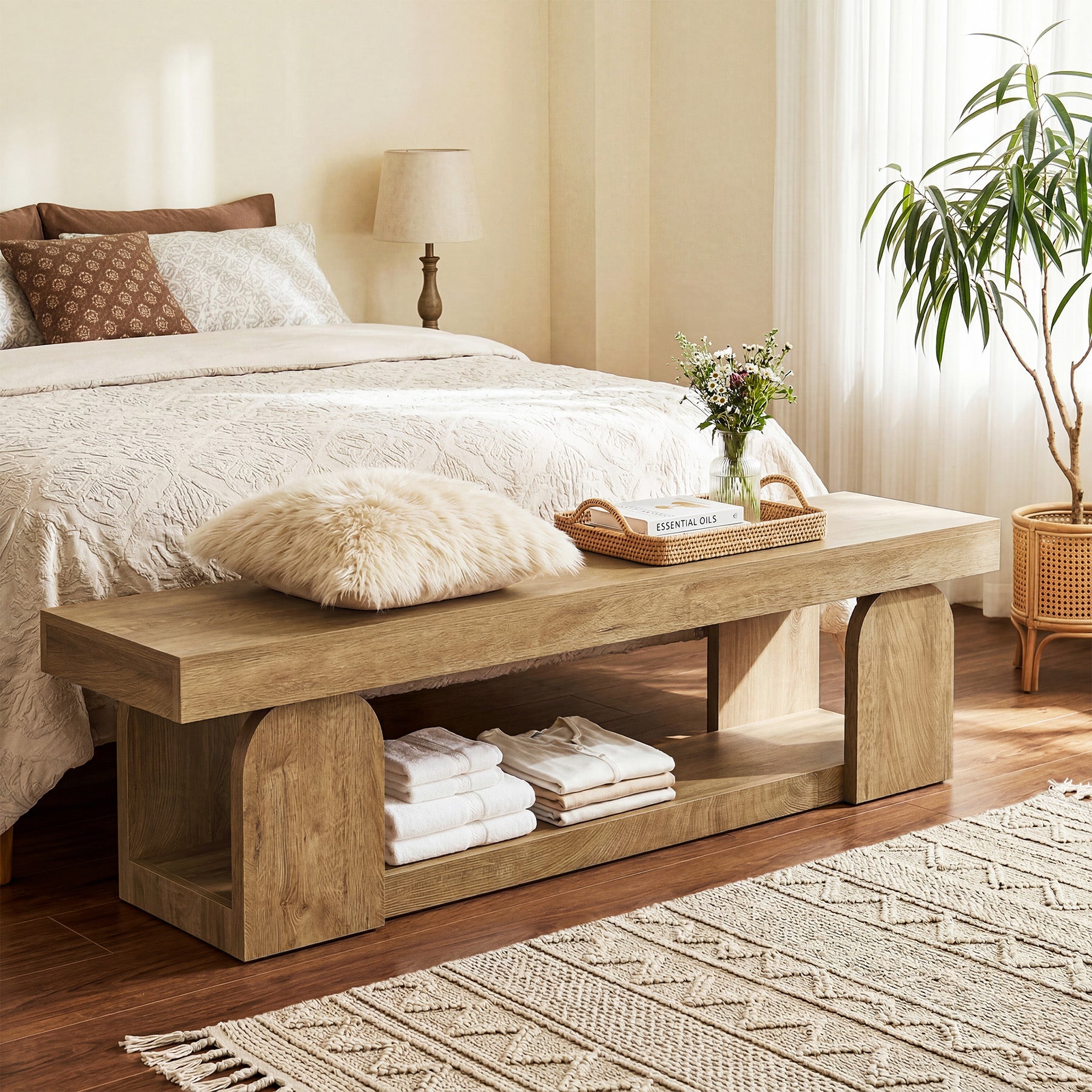 63" Entryway Bench, Farmhouse Shoe Bench with Storage Shelf for Bedroom, Hallway
