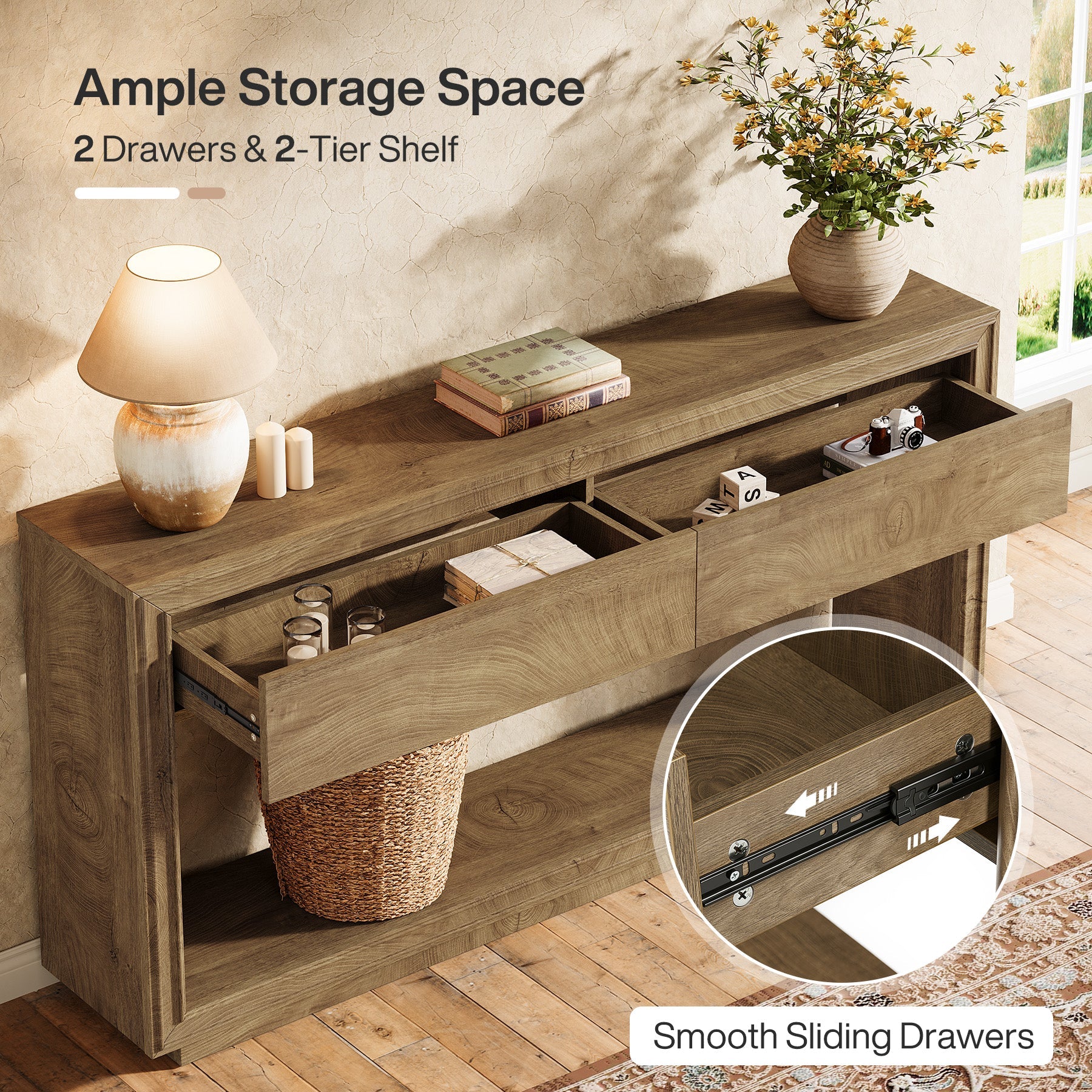 63" Console Table with 2 Drawers and Shelf, Farmhouse Entryway Sofa Table for Hallway