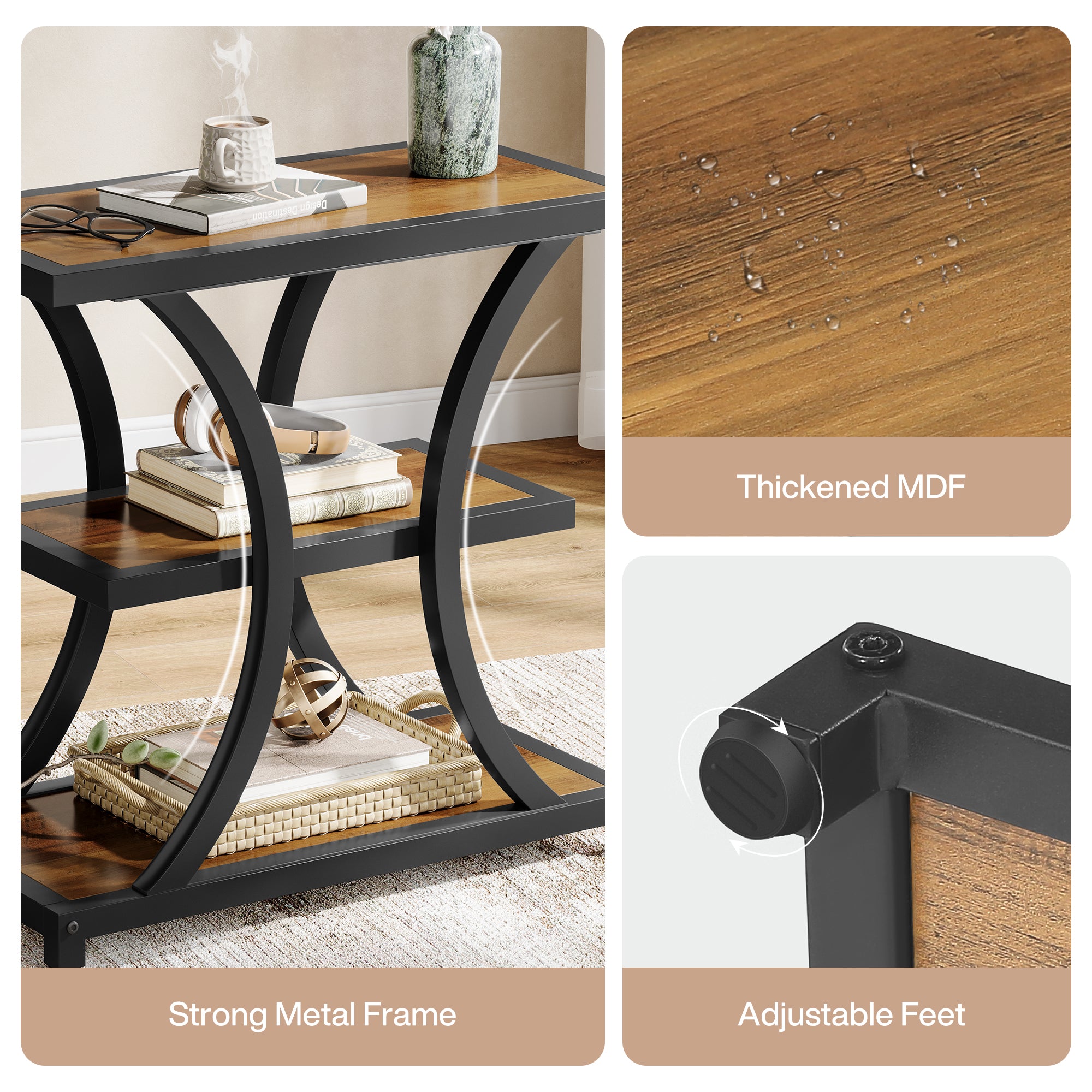 3-Tier End Table, Industrial Side Table with Geometric Metal Design