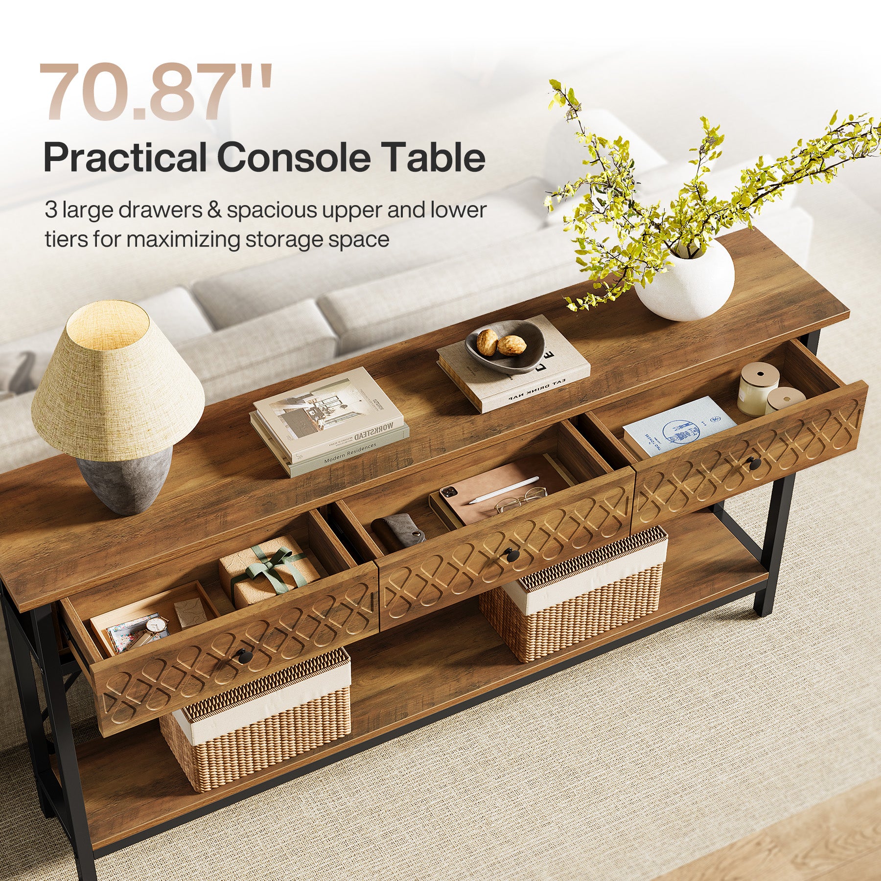 70.9" Console Table, 2-Tier Entryway Sofa Table with 3 Drawers for Hallway