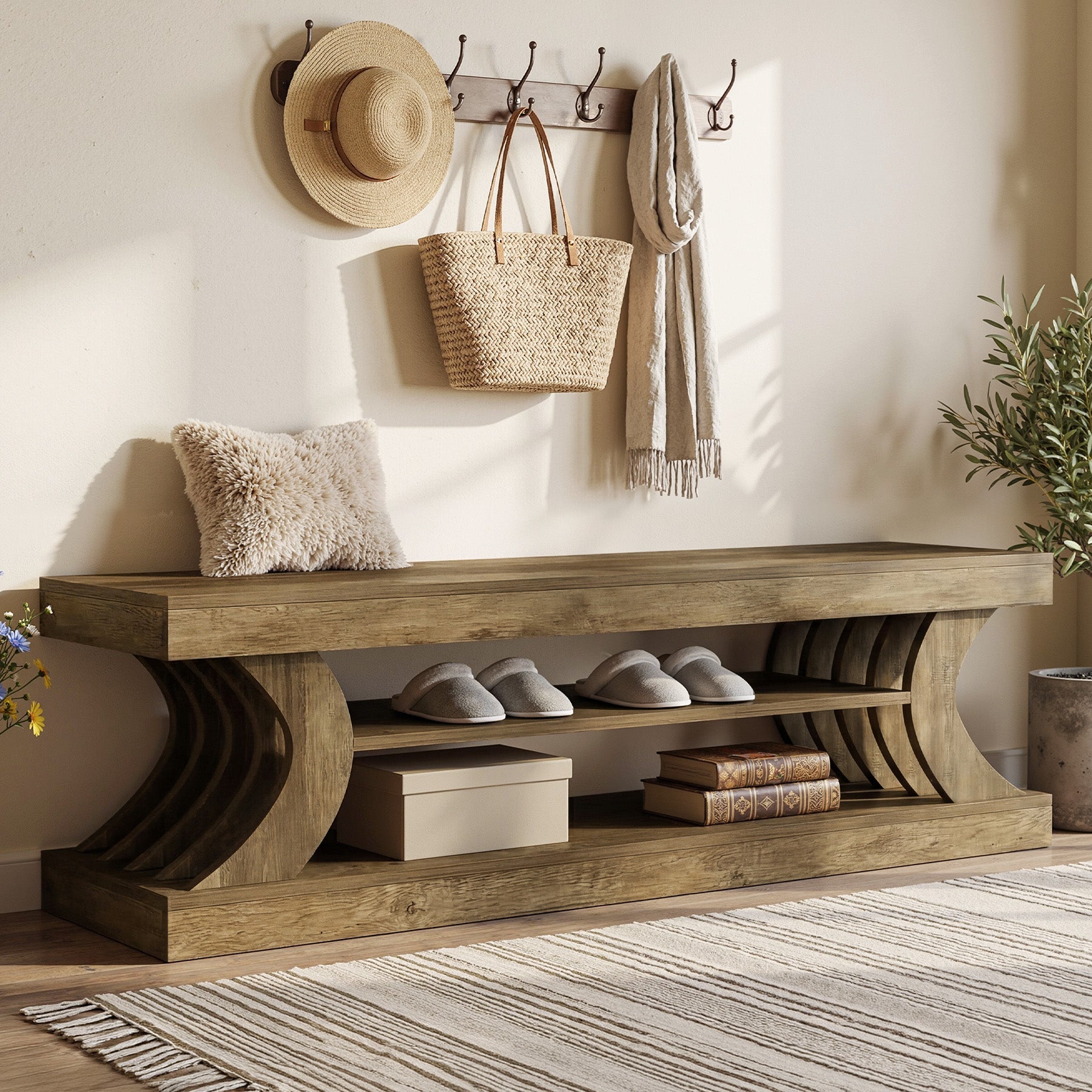 63" Entryway Bench, Wooden 3-Tier End of Bed Bench with Open Storage