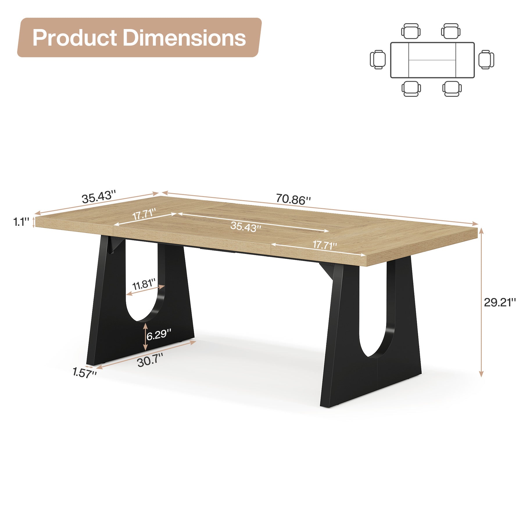 Large Dining Table, 70" Rectangular Kitchen Table for 6-8 People