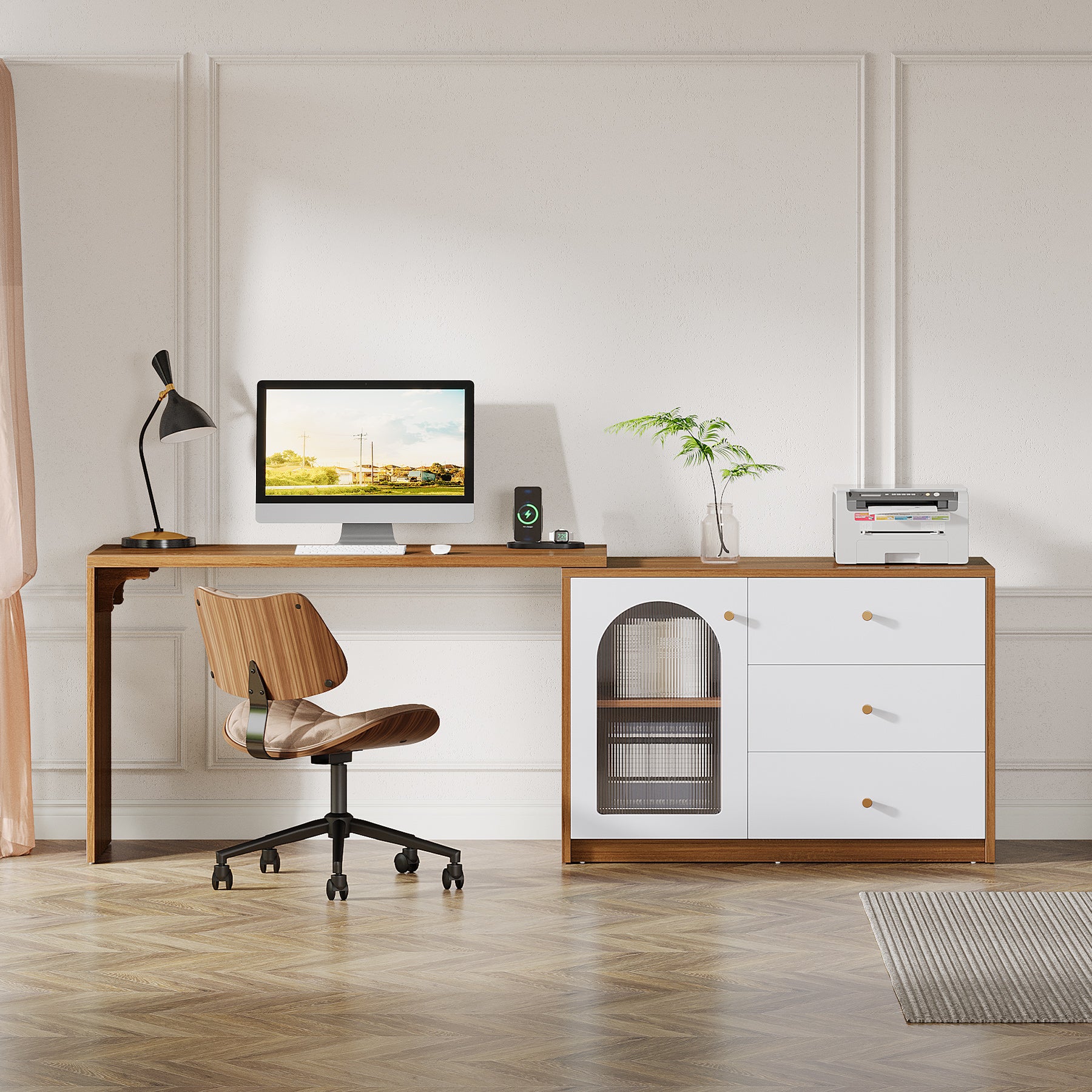L-Shaped Computer Desk, Corner Office Desk with Reversible Storage Cabinet