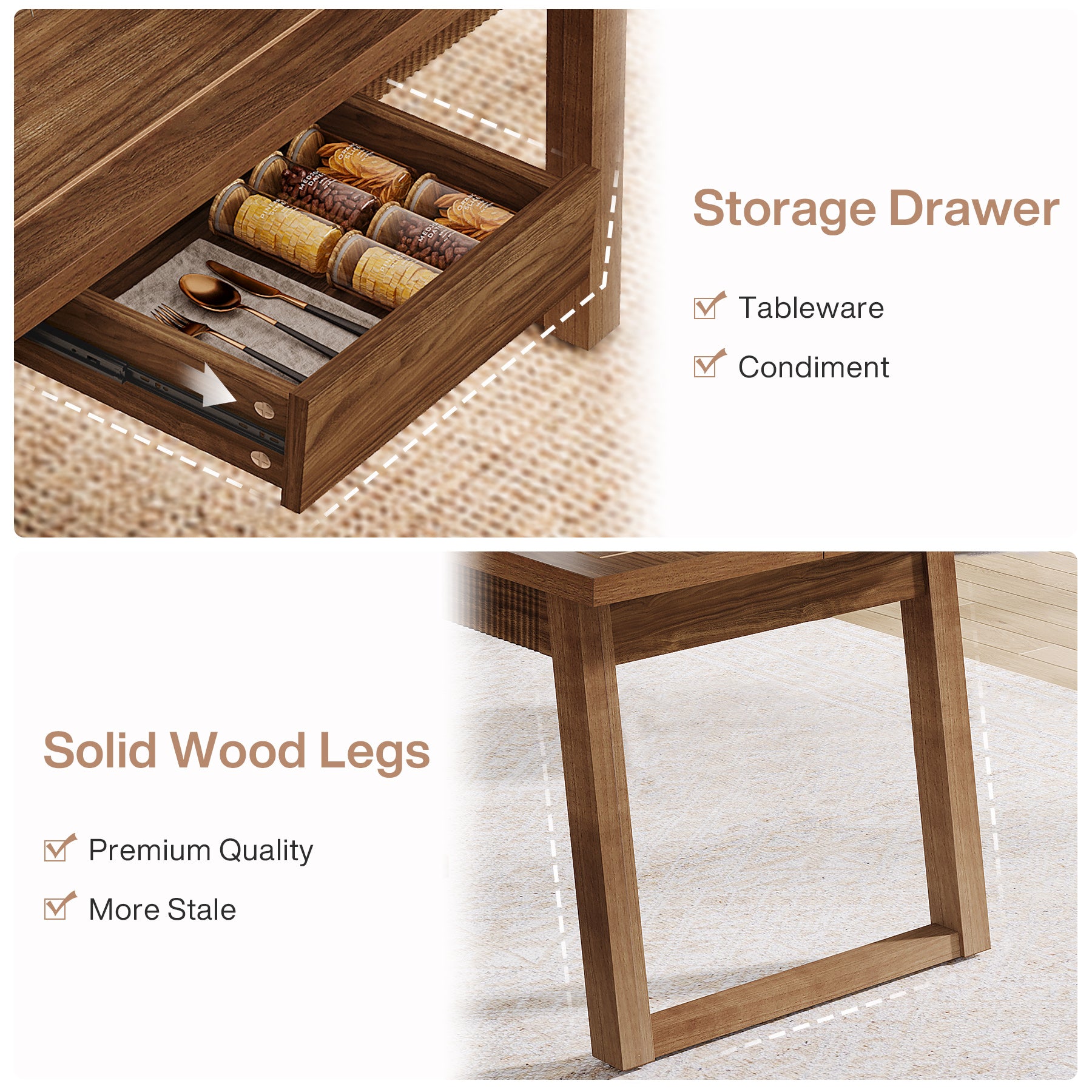 55" Dining Table with Drawer, Rectangular Kitchen Table with Solid Wood Legs