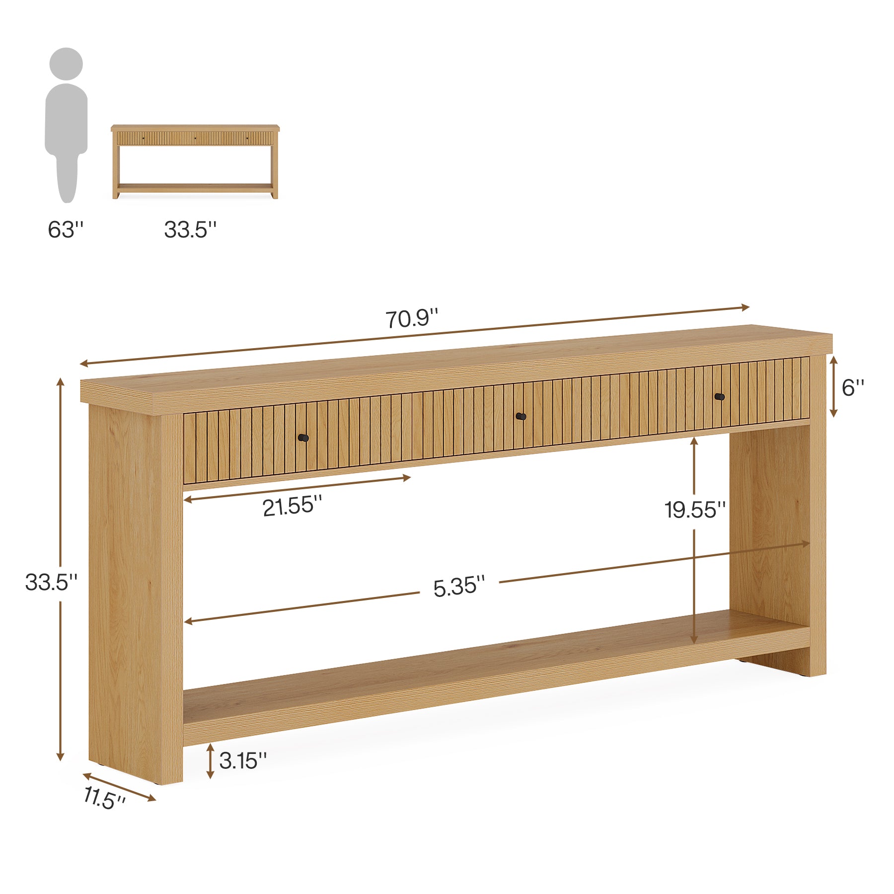 70.9" Console Table, 3-Drawer Entryway Sofa Table with Open Shelves